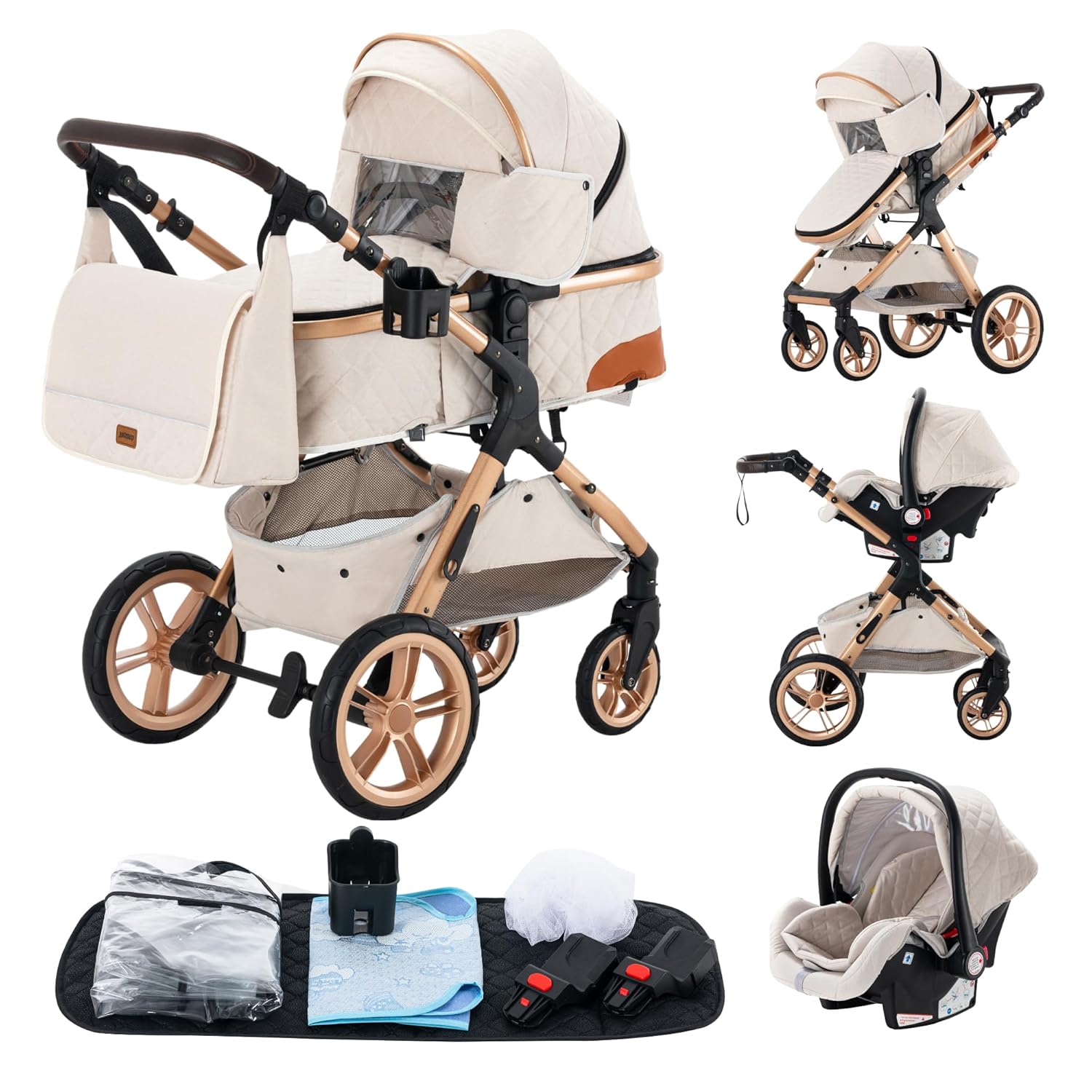 YAZOCO kinderwagen 3 in 1, Zusammenklappbar kinderwagen mit Wickeltasche,Komplettset Becherhalter,Moskitonetz, Fußabdeckung,Sitzzubehör (4 Rosa)