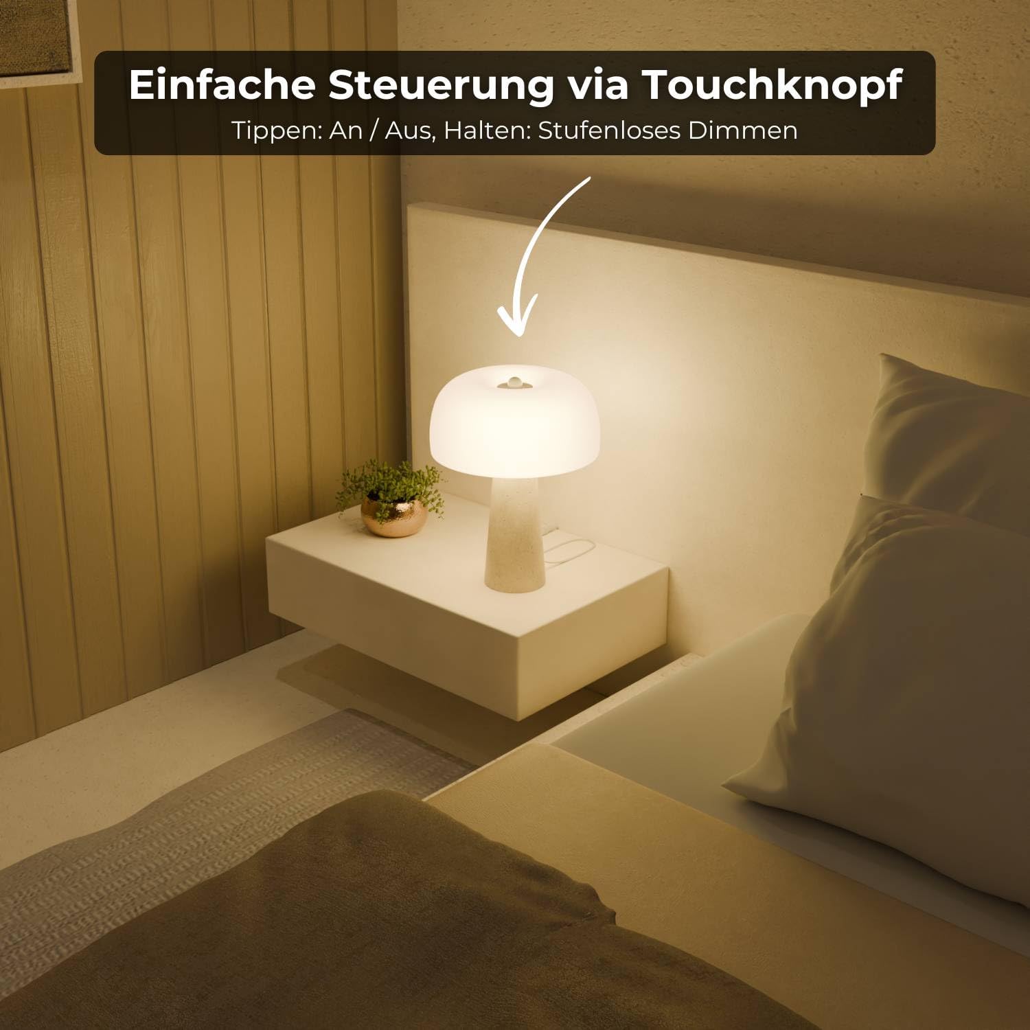 Lyra Design Tischleuchte mit Travertinfuß, LED Tischlampe aus Glas dimmbar 2200 K warmweiß