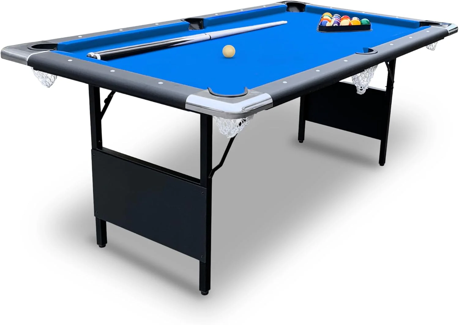 6 Ft Portable Pool Table. Adults Folding Billiards Tables for Game Room with Easy Foldable Storage. Includes Full Set of Billiard Balls. Cues. Chalk & Brush