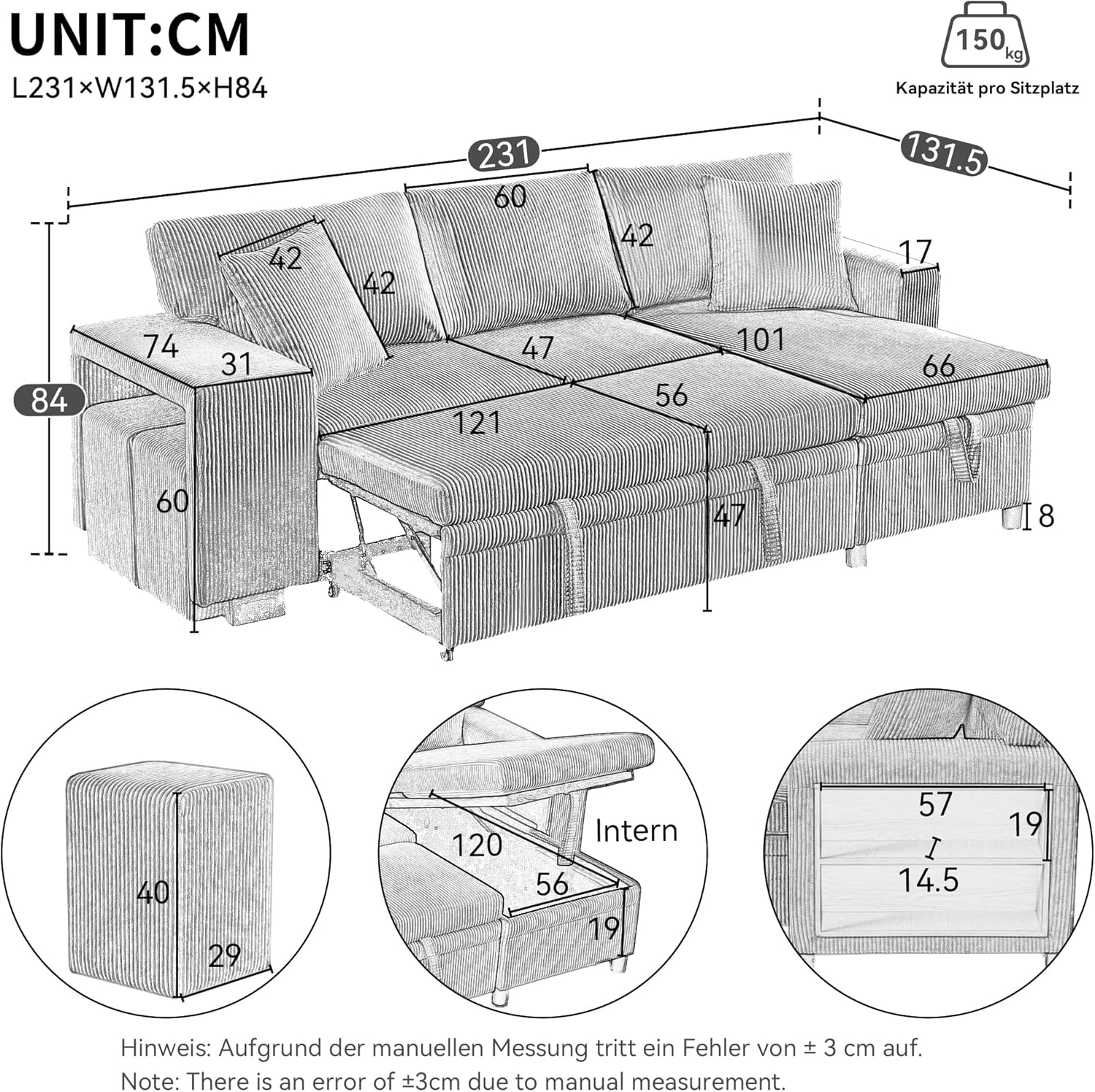 Klappsofa mit Schlaffunktion, L-förmiges umbaubares Ecksofa mit USB-Ladeanschluss und Kissen, 3-Sitzer-Umbausofa mit Seitenablagen und Stauraum