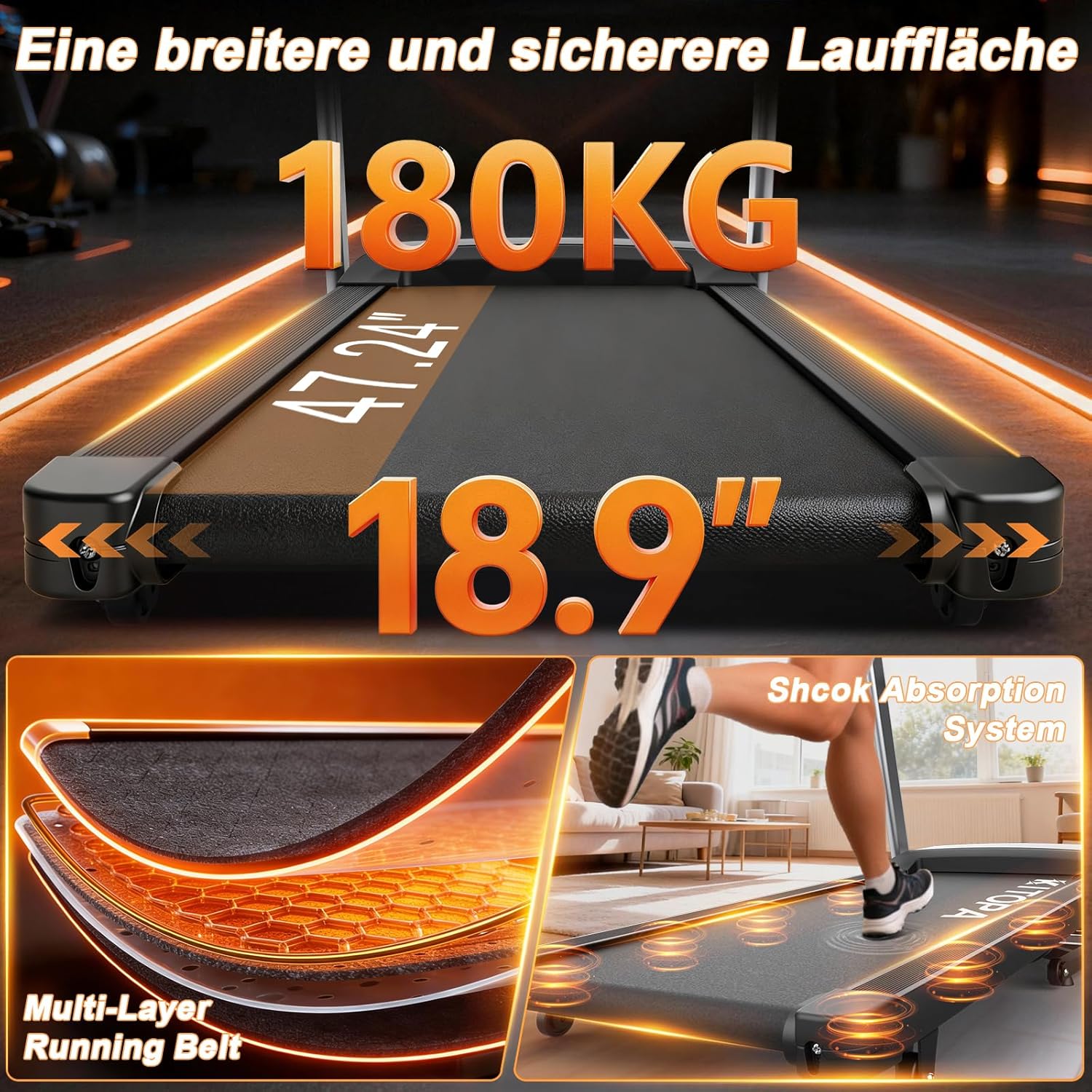 Kitopa Laufband für Zuhause, Treadmill bis 7PS und 20KM/H, Profi Große Lauffläche Laufband mit 18 Steigung, Laufbander Klappbar mit interaktivem LCD-Display & Bluetooth, Laufbander bis 180KG
