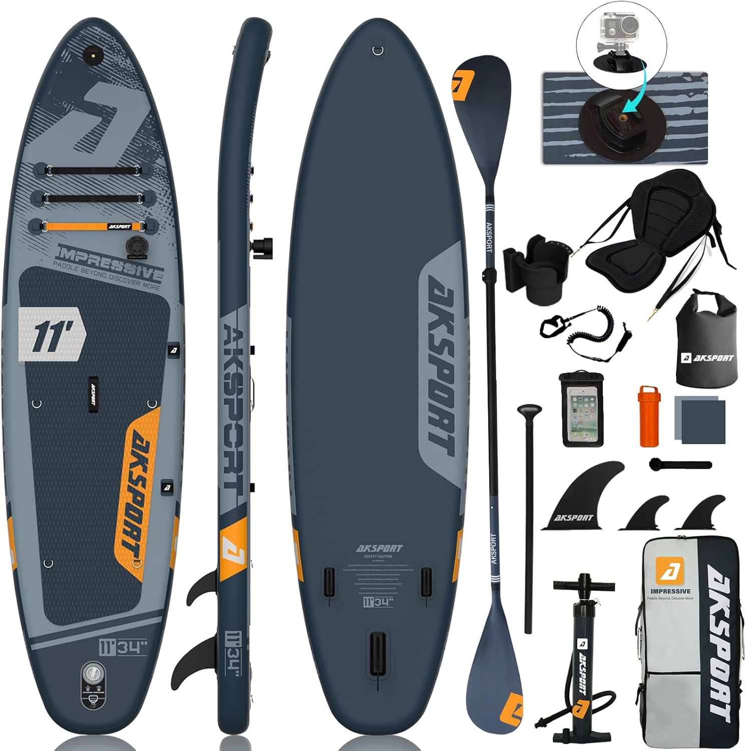 AKSPORT Tabla hinchable de surf de remo, tabla de surf hinchable con todos los accesorios, diseño ancho y estable, tabla antideslizante, tabla de remo para jóvenes y adultos