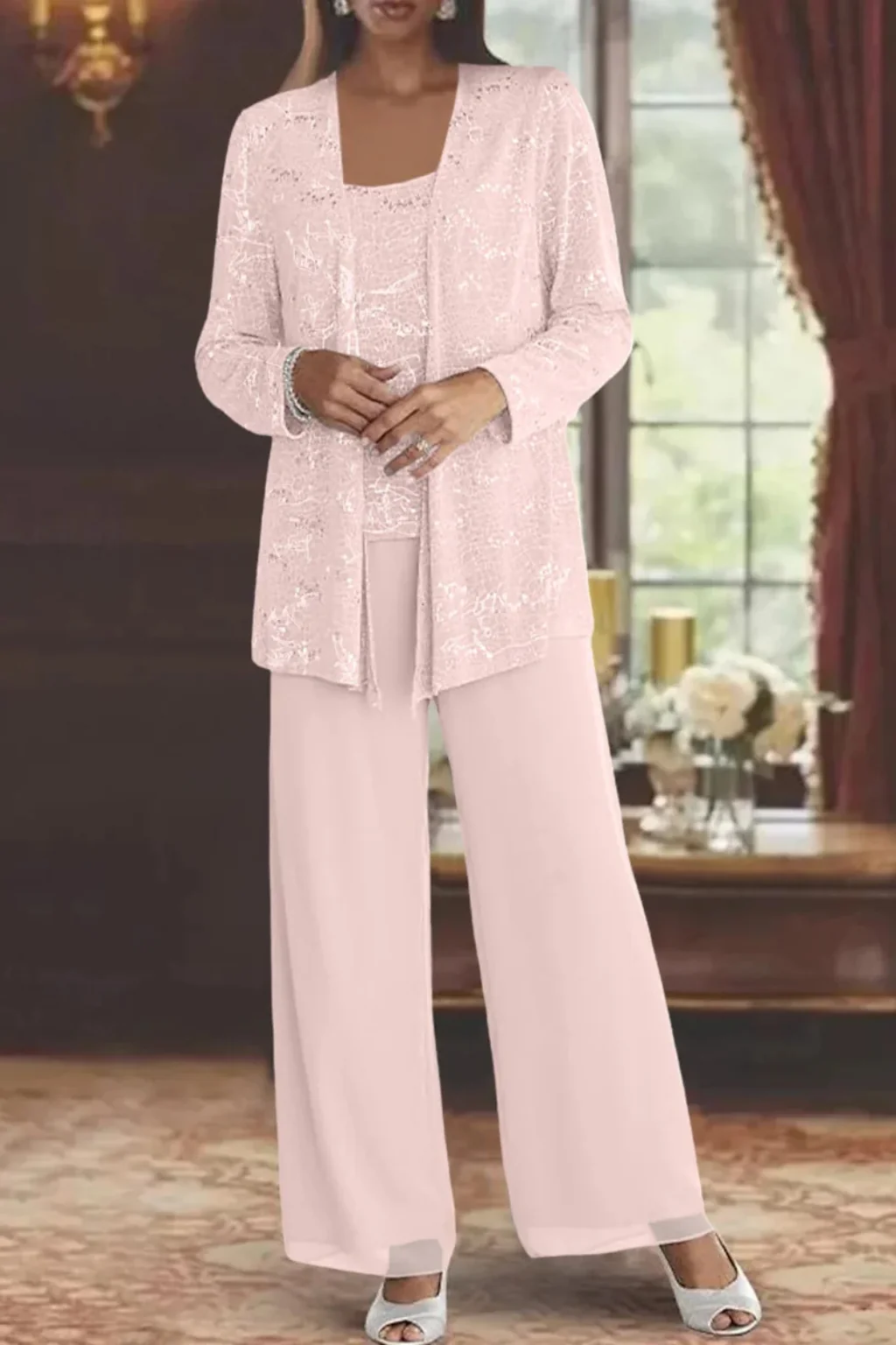 Damen Hosenanzug 3-teilig festlich | Set mit Pailletten-Spitzenjacke und weiter Hose | Elegantes Outfit f��r Hochzeitsg?ste