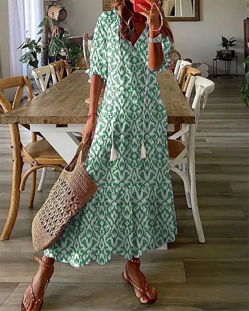Damen Boho Midikleid mit V-Ausschnitt und 3/4 ?rmeln - Locker fallendes Freizeitkleid mit Muster f��r Alltag und Freizeit