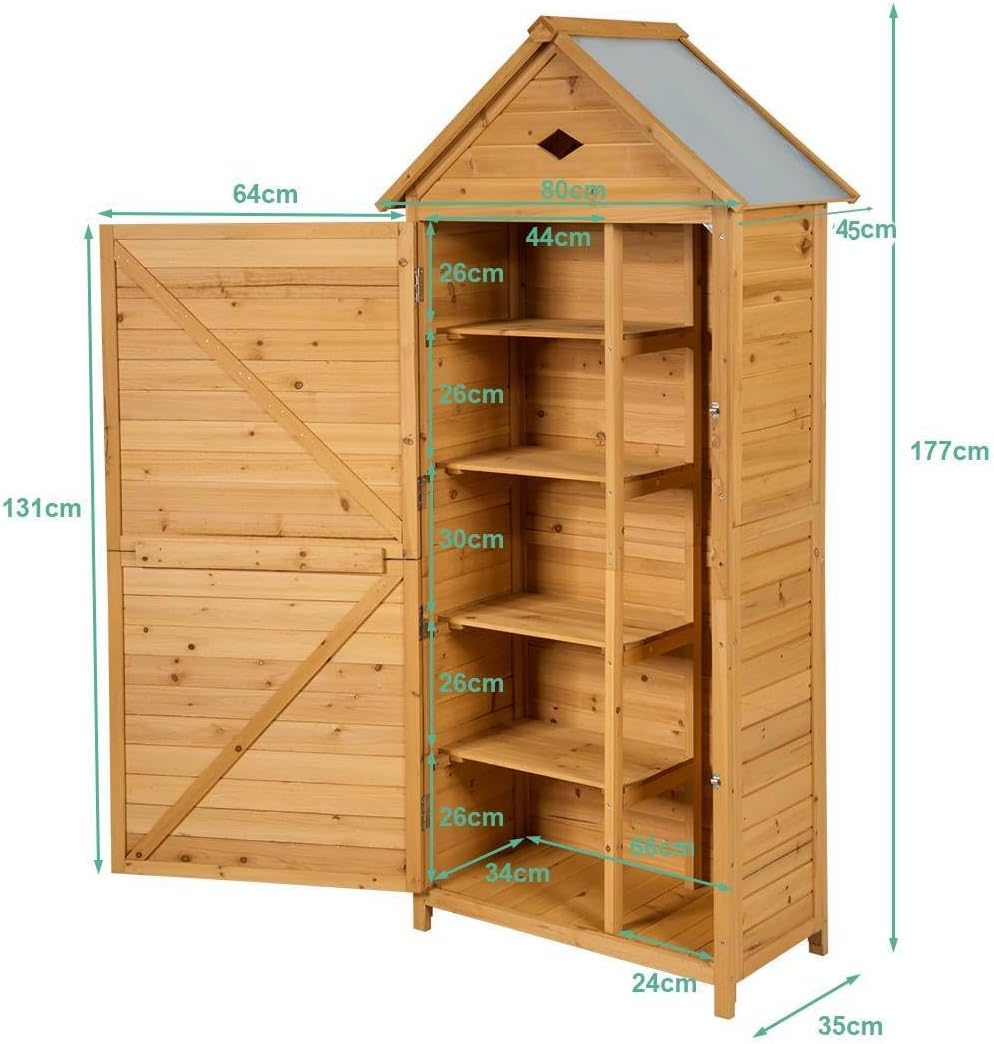 RELAX4LIFE Gerätehaus Garten, Gartenhaus aus Holz, Gartenschrank mit Satteldach, Geräteschrank wetterfest, Geräteschuppen mit Ablagen, Werkzeugschrank für den außenbereich, 177 x 80 x 45 cm