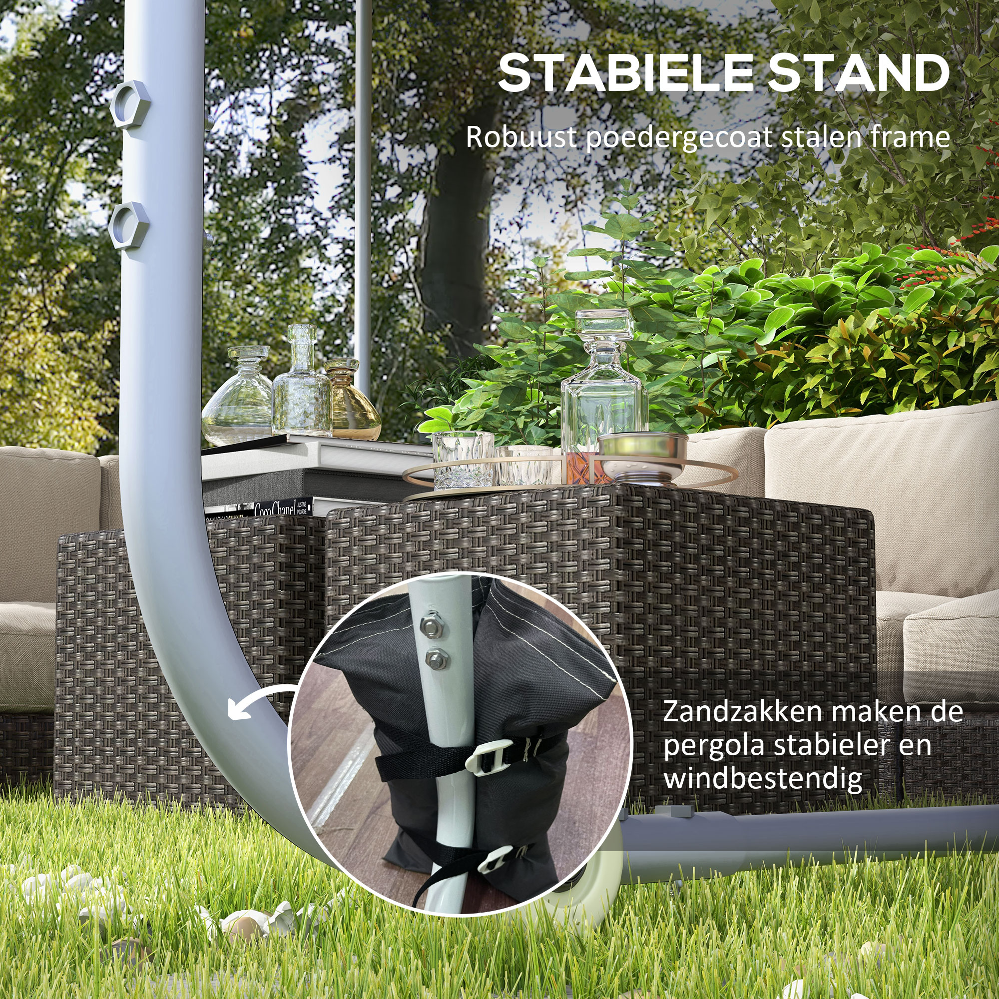 Outsunny Mobiele Paviljoen met Wielen, Inclusief Zandzakken, Metalen Frame, 3x3m, Grijs