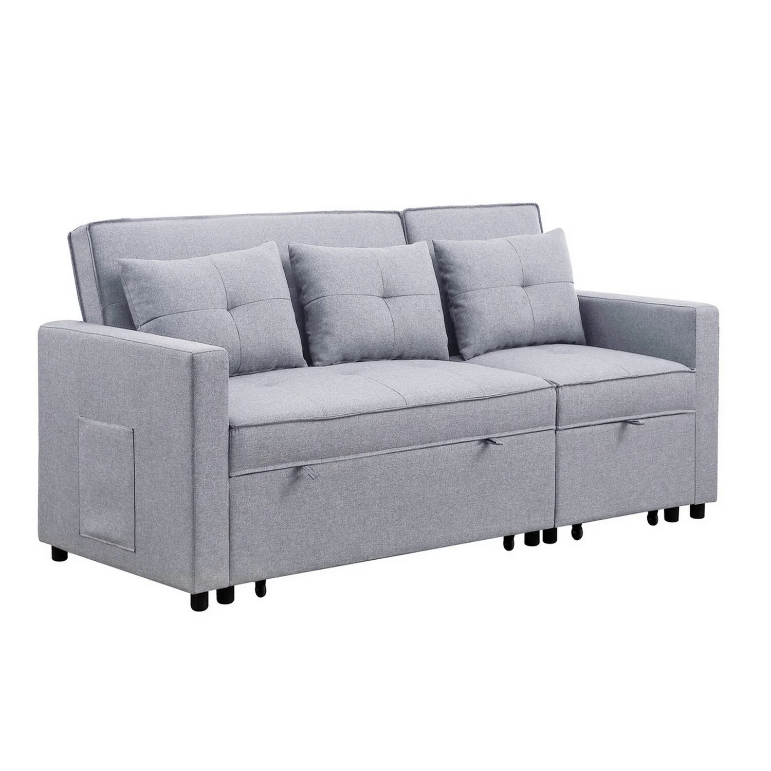 2025 Benjara BM286632 Jayce 80-inch Houten Convertible Sofa Bed met Zijvak, Lichtgrijs en Zwart