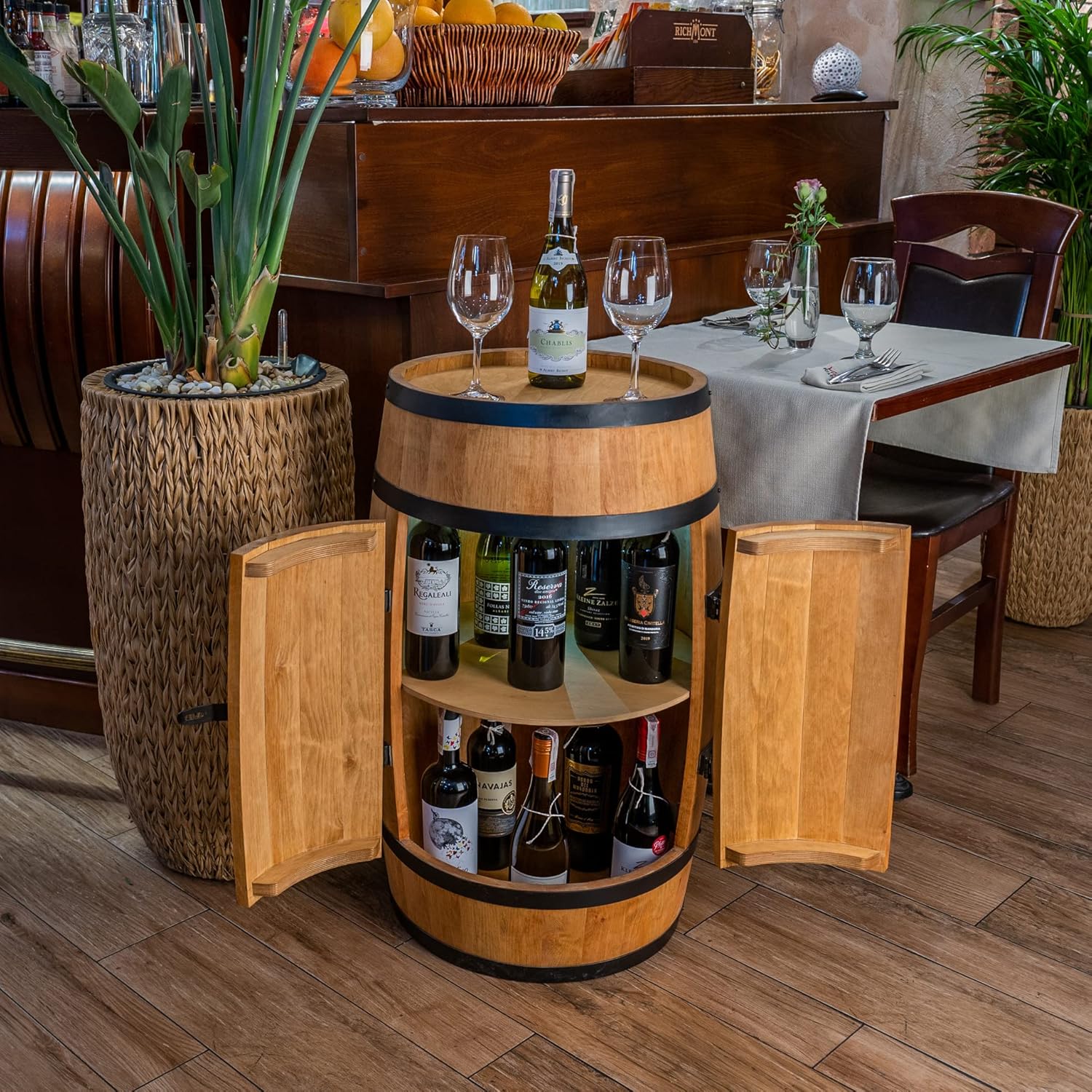 CREATIVE COOPER Weinfass Stehtisch mit Tür - Alkoholschrank Flaschenregal Holz Regale - Holzfass - Fassmöbel - Wine Rack - Wineregal - Weinbar - Fass bar mit Tür - Fassbar minibar 80Cm High (Eiche)