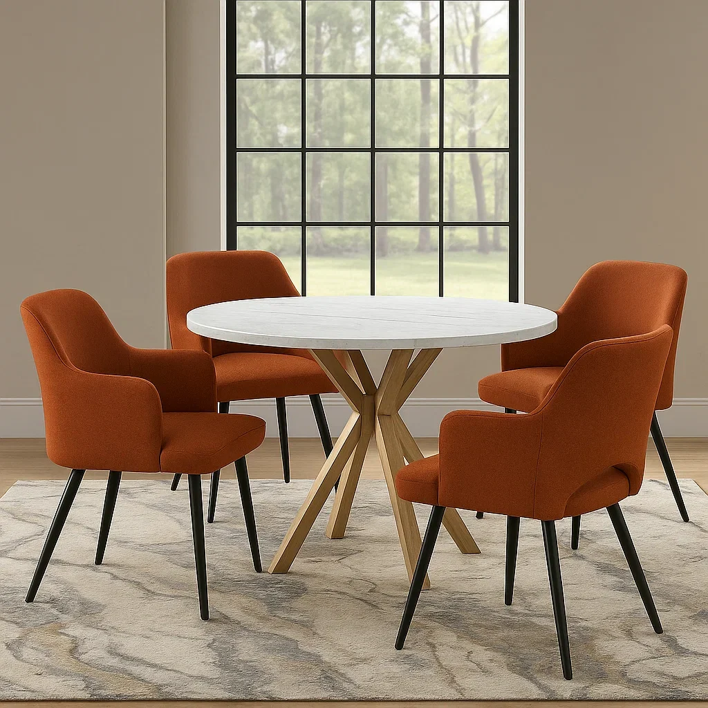Spisest til 4 personer, tr og stof, hvid og brndt orange, rundt bord med krydsfod, fast struktur, borddiameter 100x75 cm, stol 55x58x85 cm, indendrs - OvbVBdAesGtM