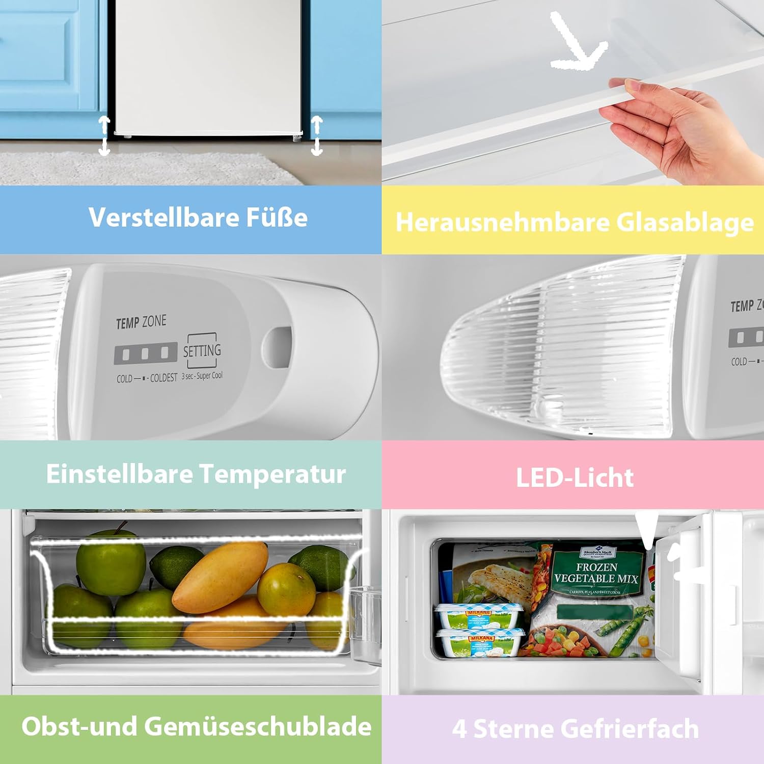 Comfee RCD80WH3(E) Kühlschrank mit Gefrierfach, 80L Kleiner Kühlschrank, Obst- und Gemüsefach, 84.5 cm Höhe, 47.5 cm Breite, 110 kWh pro Jahr, Einstellbare Temperaturregelung, verstellbare Füße, weiß