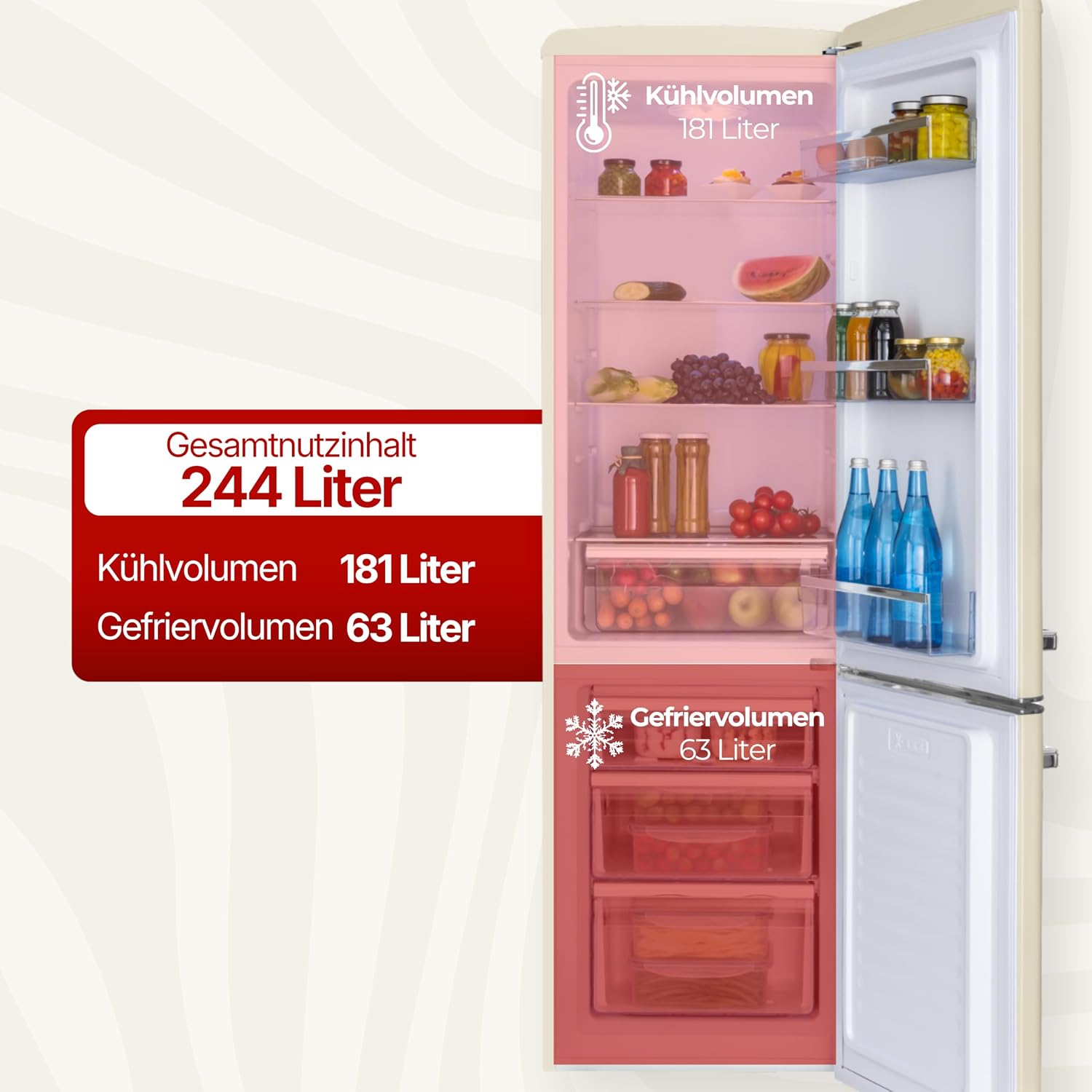 Amica Retro Kühlschrank freistehend mit Gefrierfach 244 l LED Beleuchtung Glasablagen Chrom Flaschengitter 181 x 55 x 62 cm Beige - Kühl Gefrierkombination