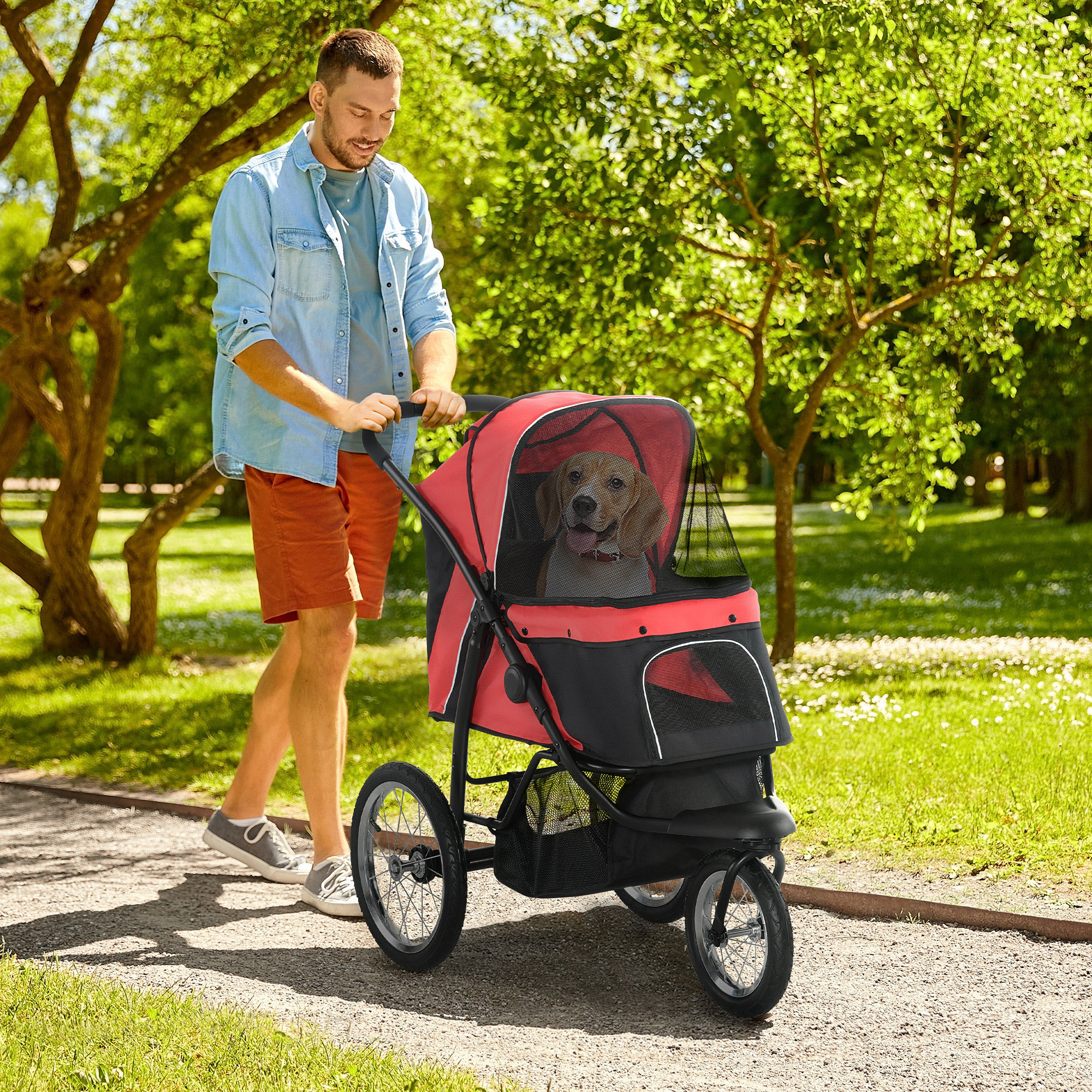 PawHut Opvouwbare hondenwagen met zonbescherming, netvensters en opbergmand - Rood, 111 x 58 x 107 cm