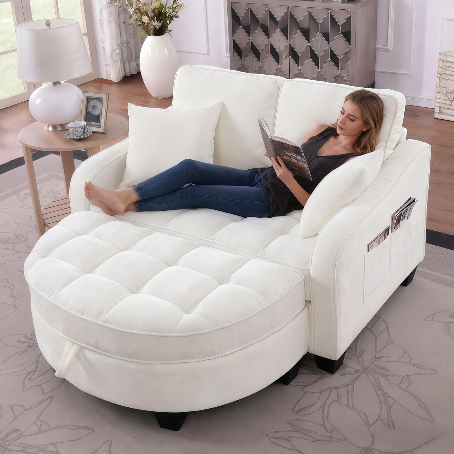 Sofa mit Schlaffunktion, 2-in-1 Schlafsofa, Modulares Sofa, Aufbewahrungs-Hocker & 4 Kisse, für Kleine Wohnzimmer, Studienzimmer, Schlafzimmer, 132×129×93cm (Beige)