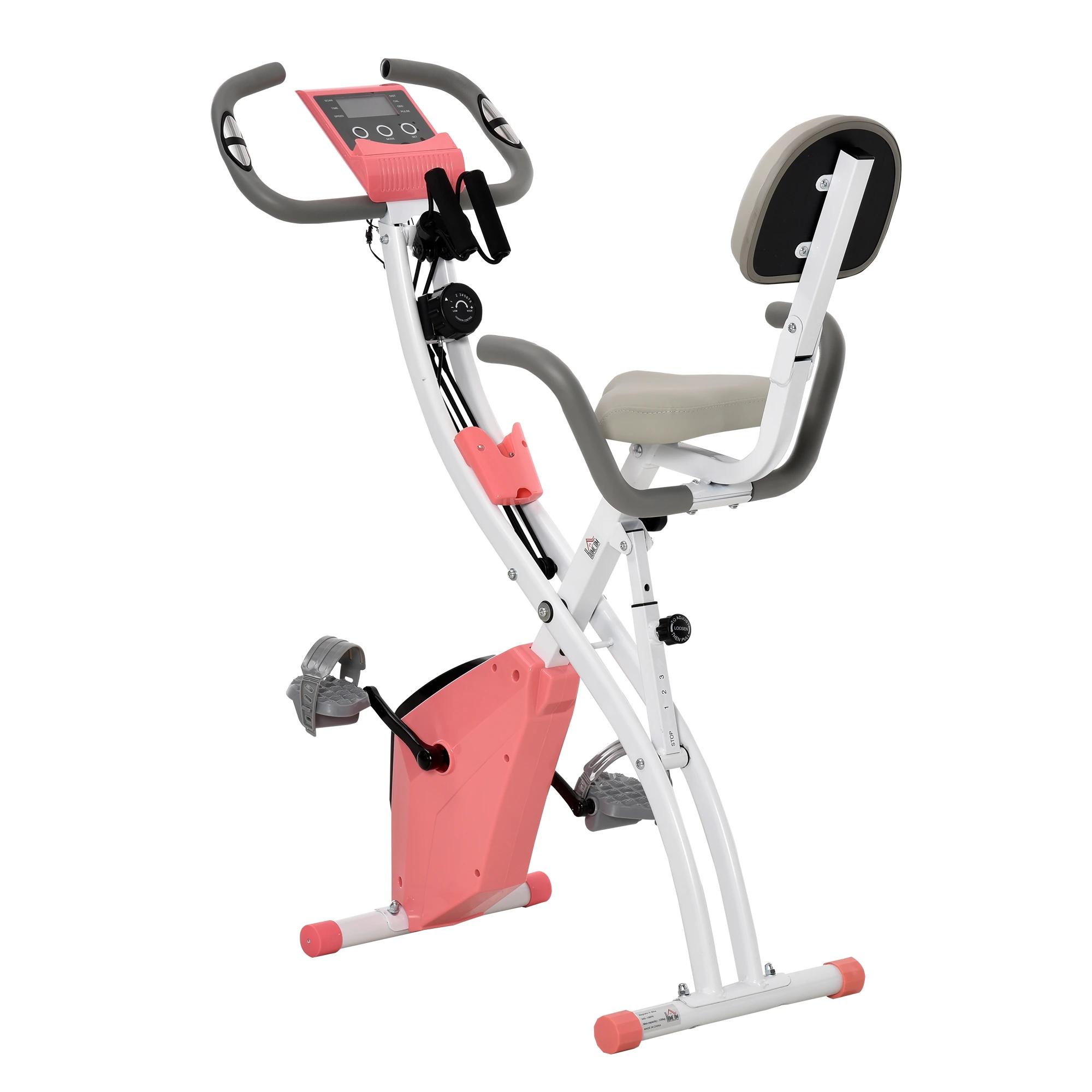 hometrainer 2-in-1 fietstrainer LCD display inklapbare hometrainer hometrainer met 8 niveaus instelbare magnetische weerstand en 1 paar spankoorden staal roze + wit 97 x 51 x 115 cm