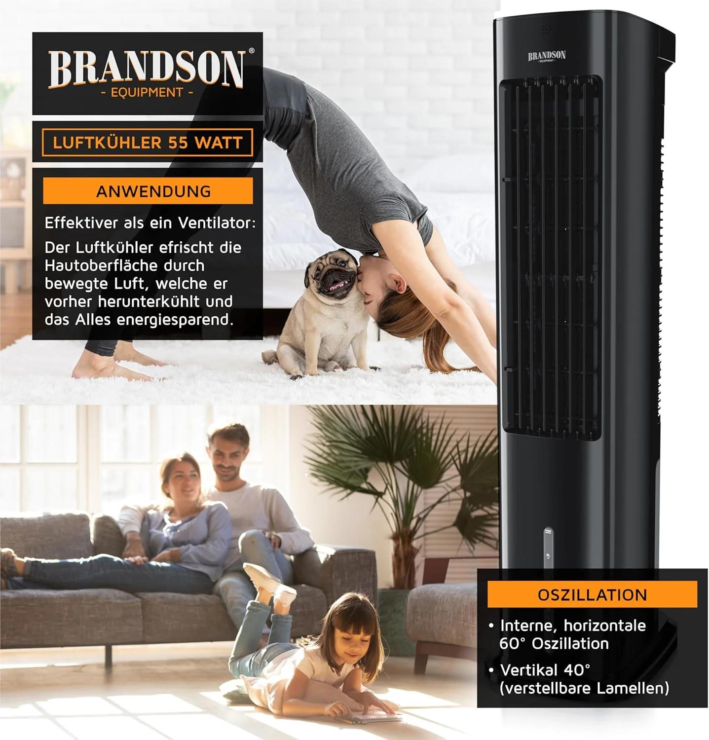 Brandson - Luchtkoeler met waterkoeling 5-in-1 - Verdampingskoeler, luchtbevochtiger, ventilator & luchtreiniger, mobiele airconditioning zonder afvoerslang - Prijswinnaar 2025 - stil - 5L watertank