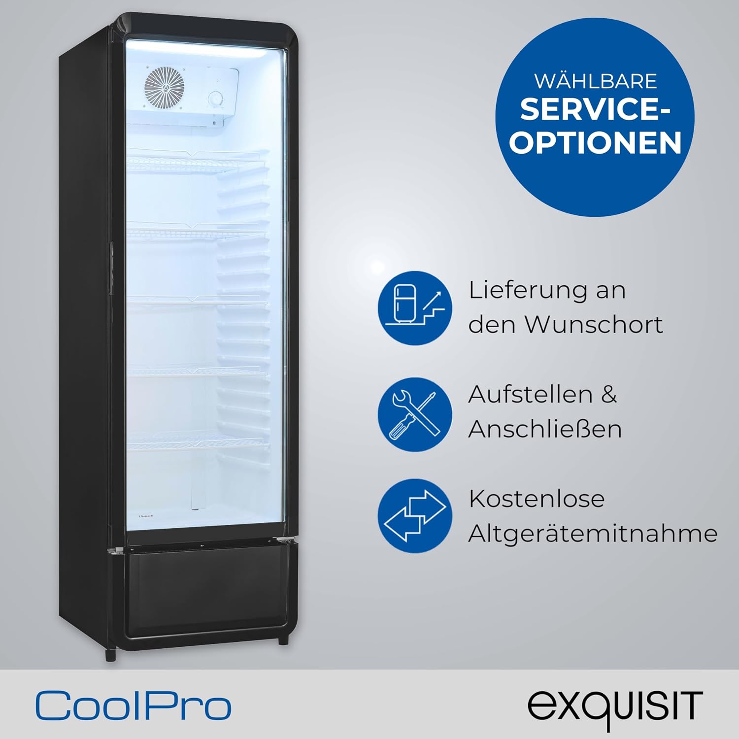 Exquisit Glastürkühlschrank, 280l Getränkekühlschrank mit LED, Umluft, 5 verstellbare Ablagen, CoolPro, GKS5260-GT-431D schwarz