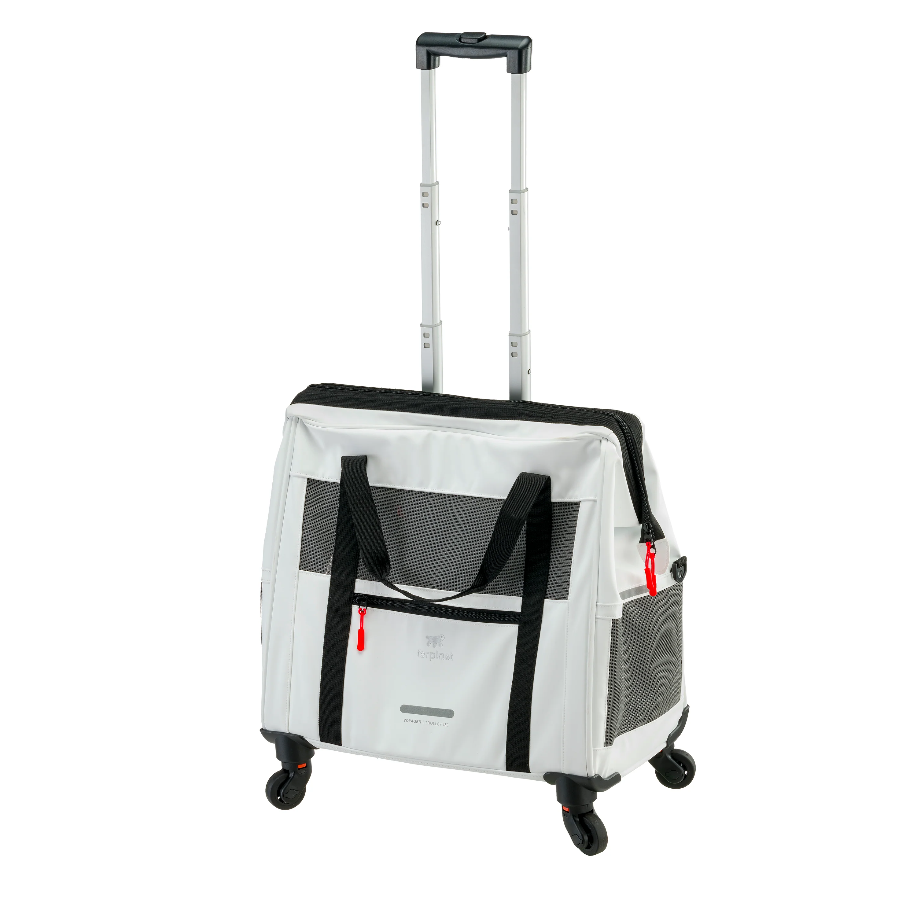 2025 Voyager Trolley van Ferplast �C stijlvolle, lichte trolley van kunstleer voor katten en kleine honden tot 15 kg. Met wieltjes, gaasramen en veiligheidsriem �C perfect voor comfortabel reizen.