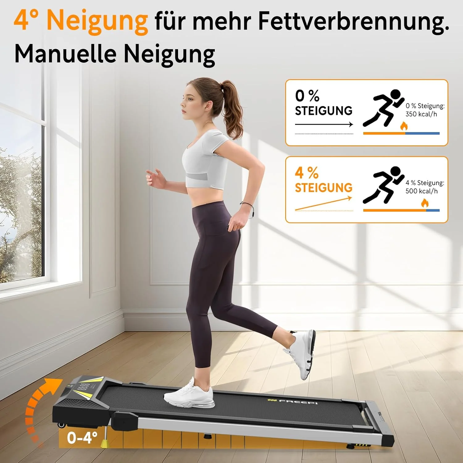 Freepi 4-in-1 Loopband voor Thuis met Helling 1-6 km/u 2.5 pk Motor met Afstandsbediening, Loopband Pad Bureaufiets Draagbaar Thuisfitnessapparaat