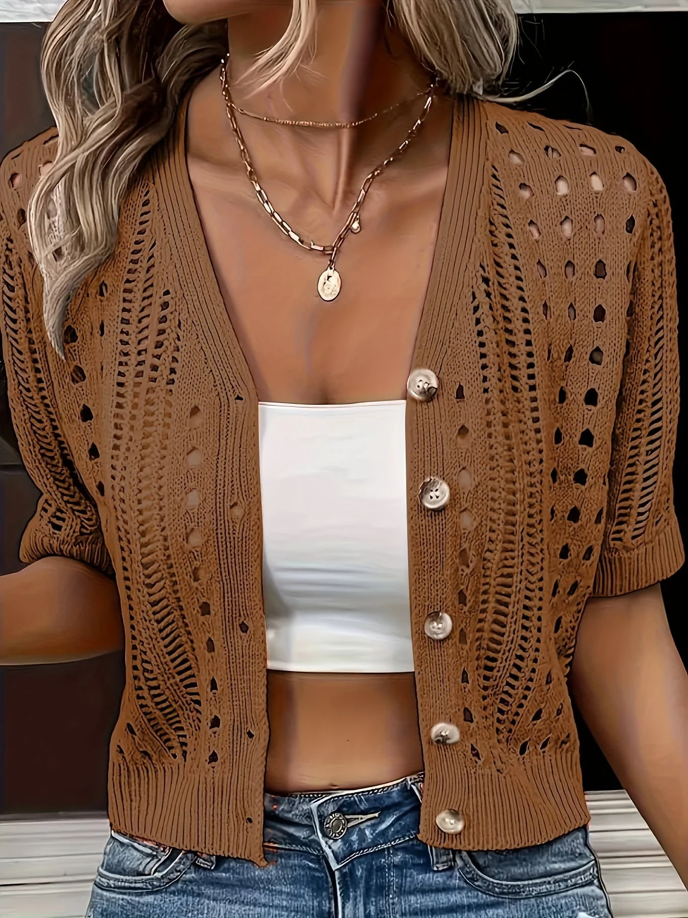 Kurze Damen Strickjacke mit Ajourmuster | Leichter Kurzarm Cardigan mit Kn?pfen | Sommerliche Strickjacke in H?kel-Optik