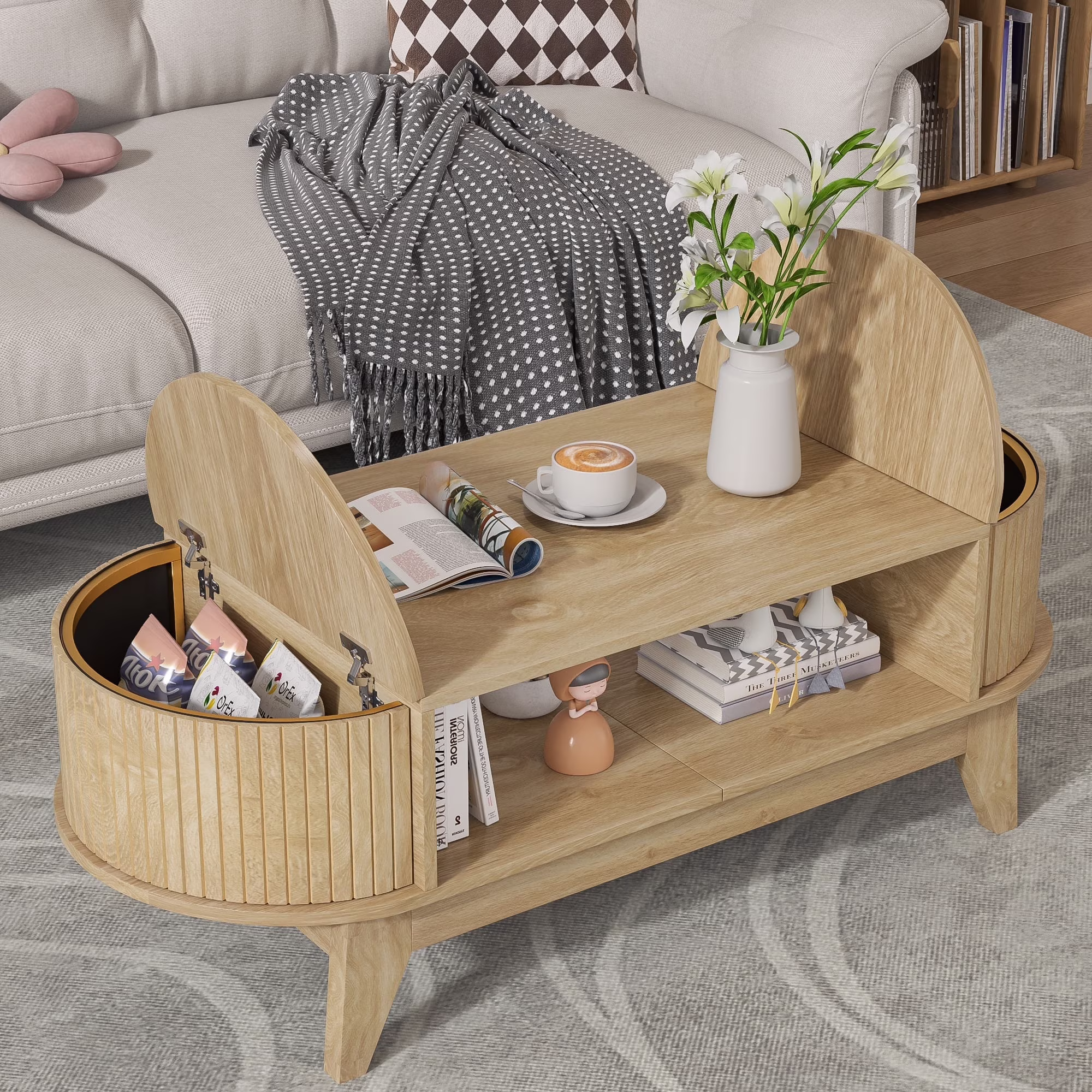 Fluted Coffee Table with Storage, Modern Coffee Tables, Wood Accent Center Table