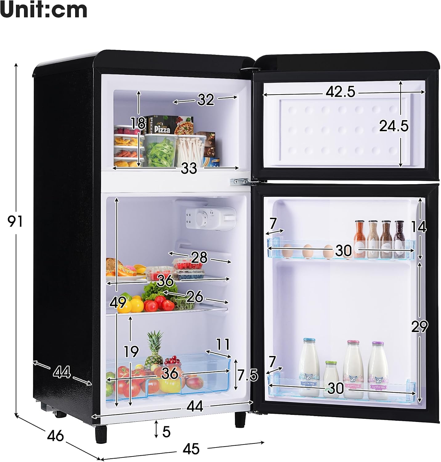 Frigorífico Mini 72L, Frigorifico Pequeño con Congelador (21+51L), Frigorifico Combi no Frost con LED luz, 50x51x95,8cm Frigorífico de Doble Puerta con Estantes Ajustables, 120 kWh/año (Black)