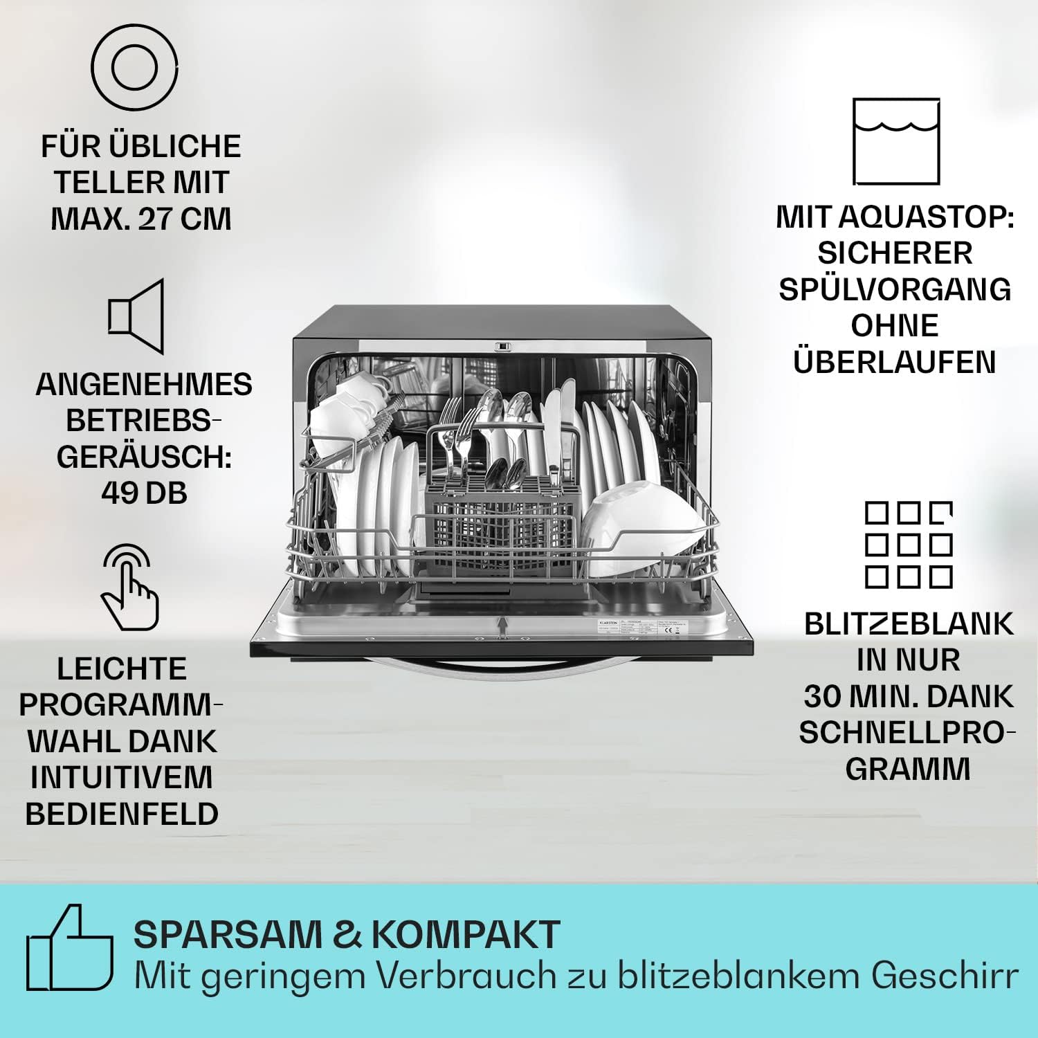 Klarstein  ia 8 - Spülmaschine, Geschirrspüler, Freistehend, Teilintegriert, F, 55 cm breit, 8 Maßgedecke, 6 Programme, Aquastop, silber