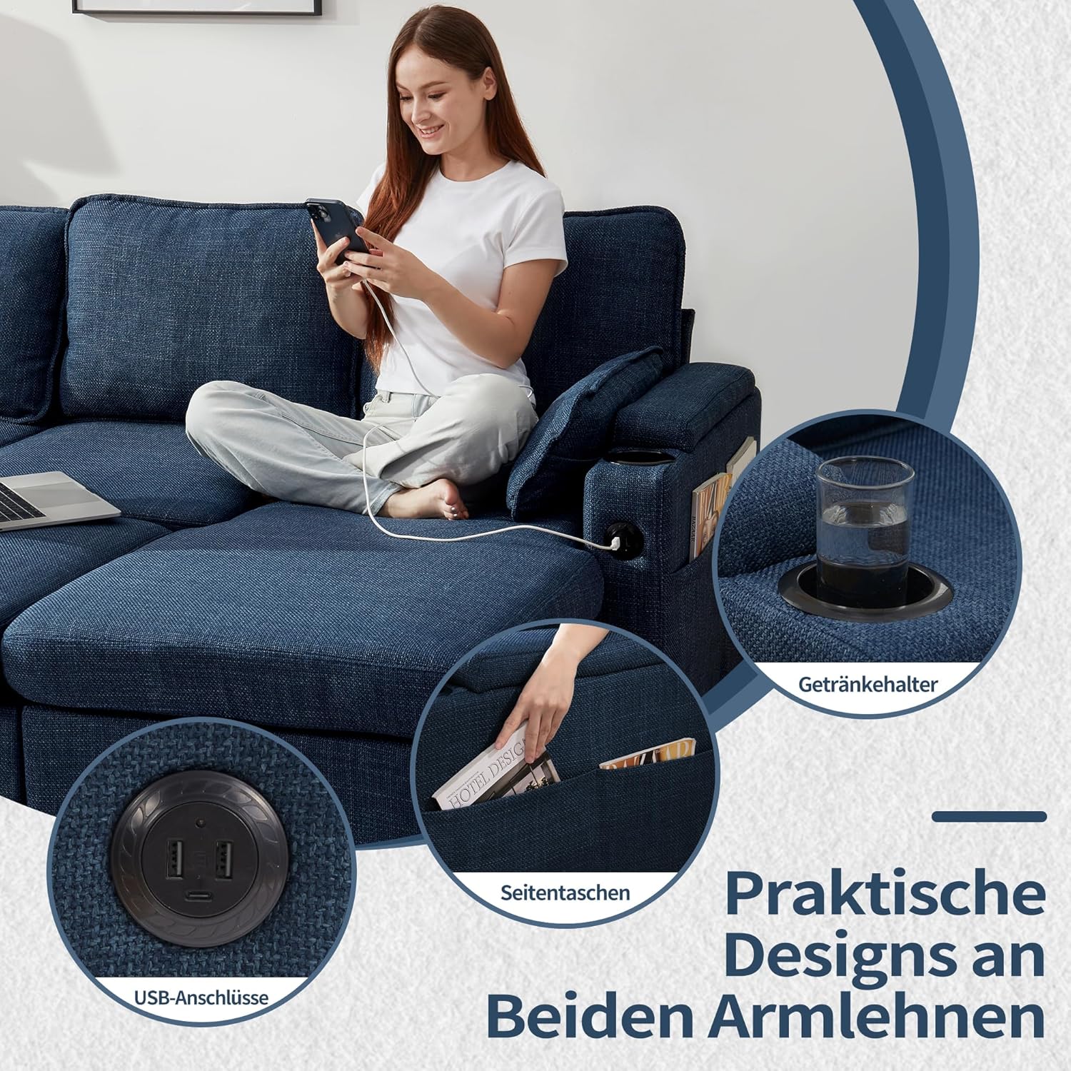 DURASPACE Schlafsofa Ausziehbare Schlafcouch 2-in-1-Wandelbares Ecksofa mit Stauraum, L-förmiges Ecksofa für kleine Räume, Wohnzimmer, Wohnung (Blau)