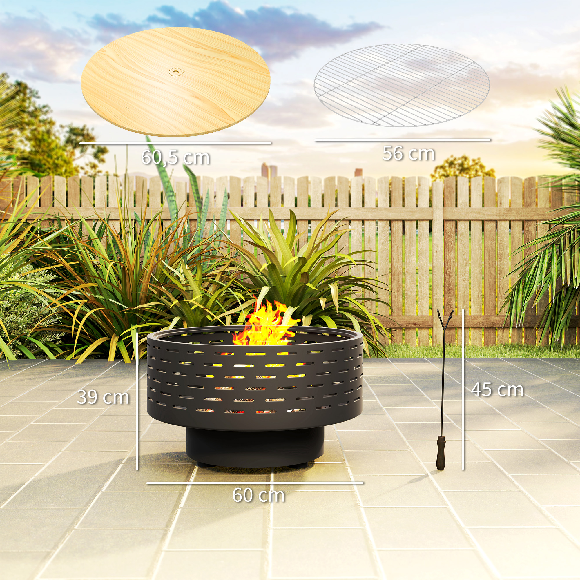Outsunny 3-in-1 Vuurschaal Ø60 x 39cm van Roestvrij Staal met Grillrooster, Vonkenbescherming en Vuurhaak Steenkoolgrijs