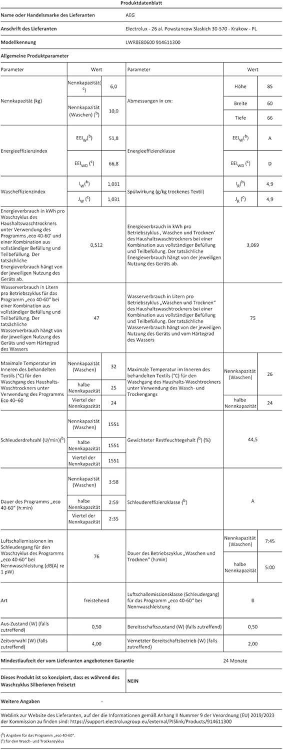 AEG L7WBA60680 Waschtrockner / DualSense - schonende Pflege / 8 kg Waschen / 5 kg Trocknen / D / energiesparend / Mengenautomatik / Nachlegefunktion / ProSteam - Auffrischfunktion / 1600 U/min