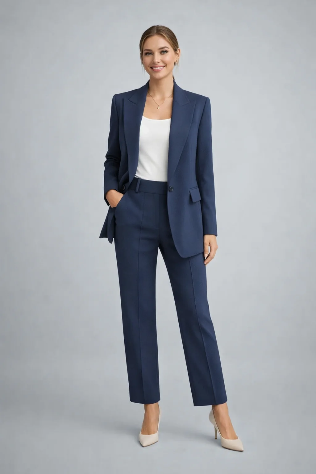 Damen Blazer Set mit Hose | Eleganter Hosenanzug f��r B��ro und Freizeit | Zweiteiler mit schmalem Revers und Knopfdetails