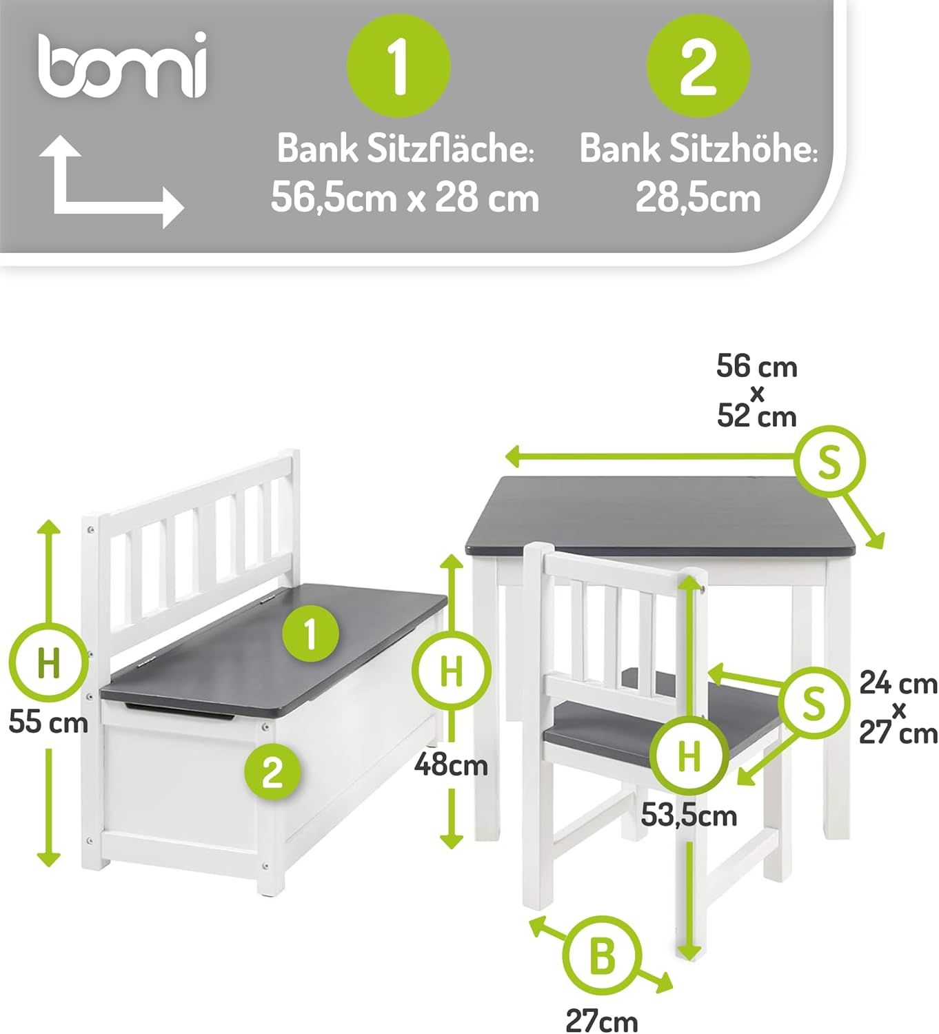Bomi Kindersitzgruppe Anna mit integrierter Spielzeugkiste | Kinderzimmer-Set inkl. Kindertisch mit 2 Stühlen & Kindertruhenbank | Kindermöbel aus FSC nachhaltigem Kiefern Massiv Holz | Weiß Grau