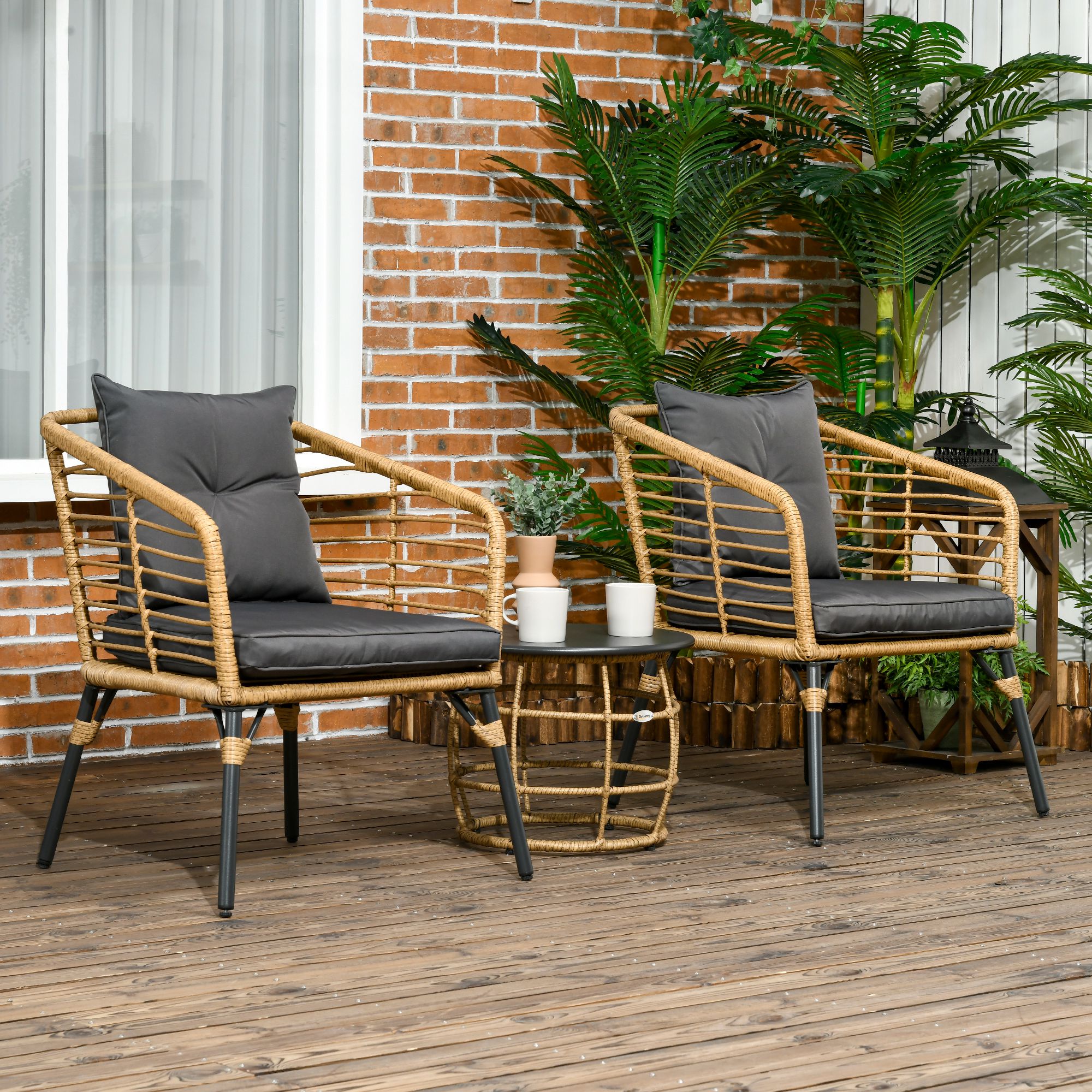 Outsunny rotan tuinmeubelset 3-delig. Zitgroep met kussens voor terras balkon