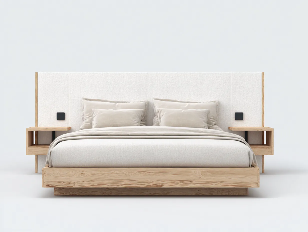 Doppelbett-Holz-Stoff-218 x 198 x 104 cm-Natur-Beige-Skandinavischer Stil