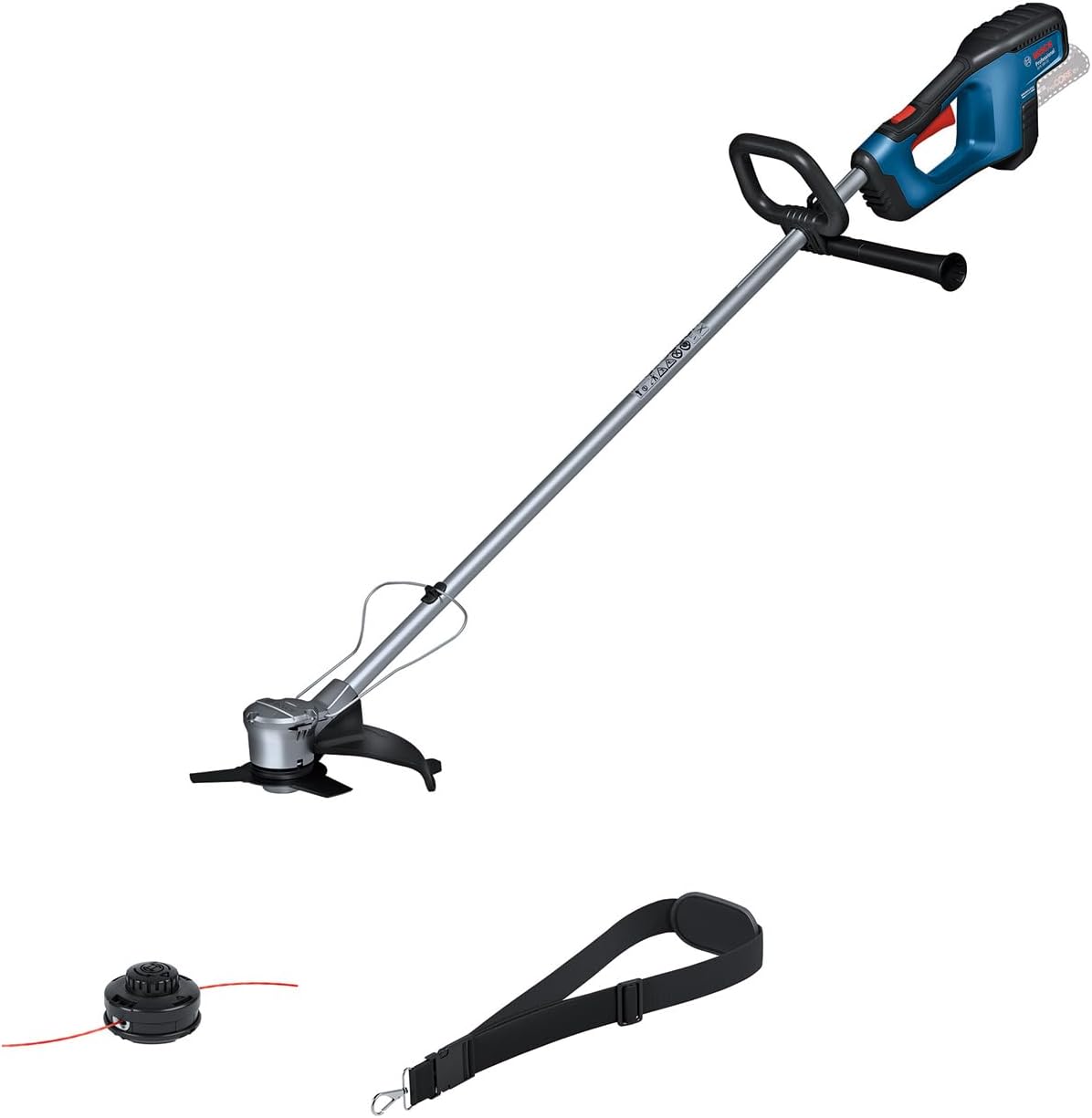 Bosch Professional 18V System Akku-Freischneider GFR 18V-23 (bürstenloser Motor, Schnittkreisdurchmesser 23 cm, 1x Fadenspuleneinheit, 1x Schultergurt, Freischneidermesser-Set, Pflanzenschutzbügel)