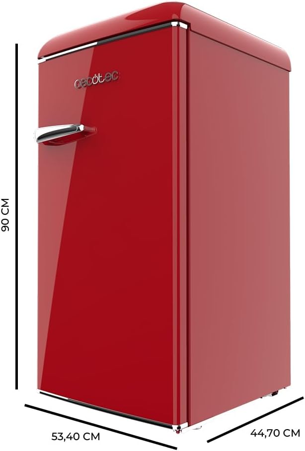 Cecotec Mini Réfrigérateur Rétro de 90 L Bolero CoolMarket TT Origin 90 Rouge. Mini Frigo avec ICEBOX, LED Intérieur, Poignée Chromée, Ouvre-bouteilles, Style Vintage en Rouge
