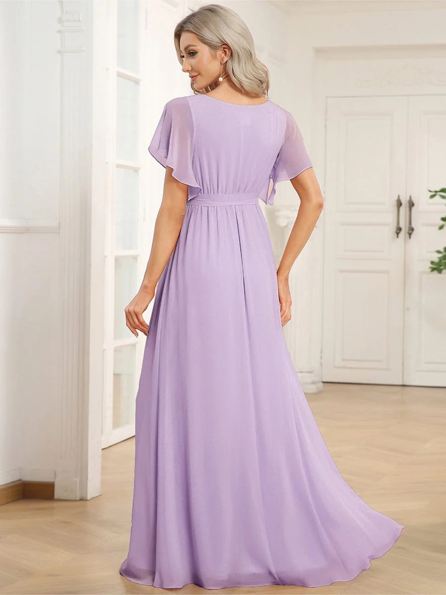 Abendkleid Damen Maxi A-Linie aus Chiffon | Festliches Kleid f��r Hochzeitsg?ste mit V-Ausschnitt und Fl��gel?rmeln