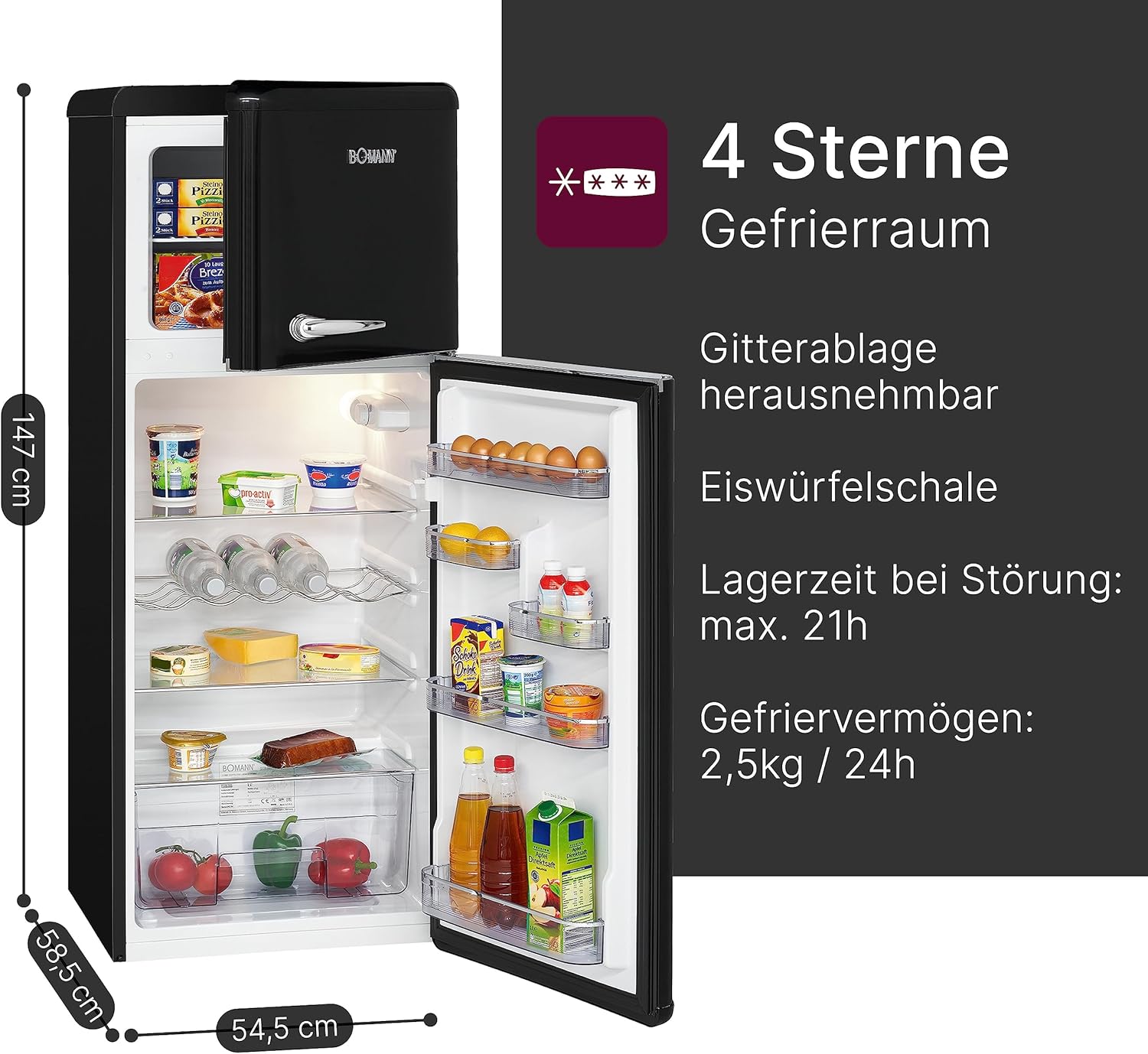Bomann® Retro Kühlschrank mit Gefrierfach | Energieklasse E | 147cm | 4 Sterne Gefrierfach | Kühl Gefrierkombination leise | 3 Ablagen | 208L Kühlgefrierkombi | DTR 353.1 schwarz