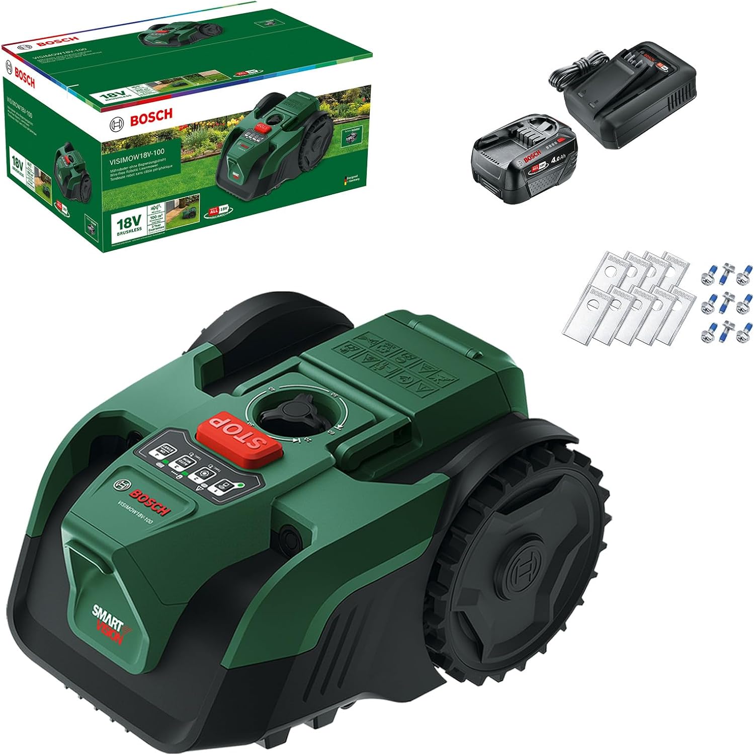 Akku-Mähroboter VISIMOW18V-100 (für Rasenflächen bis 100 m², Schnittbreite: 16 cm, Schnitthöhe: 20-60 mm, mit Ersatzmessern, inkl. Akku und Ladegerät)