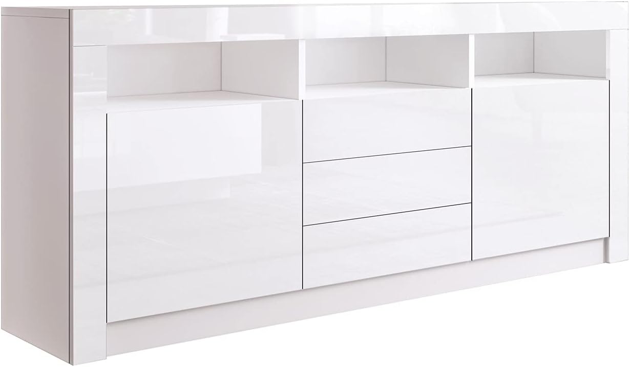Sideboard Hochglanz Matt Anrichte Schrank mit 2 Türen 3 Schubladen & LED Beleuchtung TV Lowboard Für Esszimmer Wohnzimmer Möbel Weiß