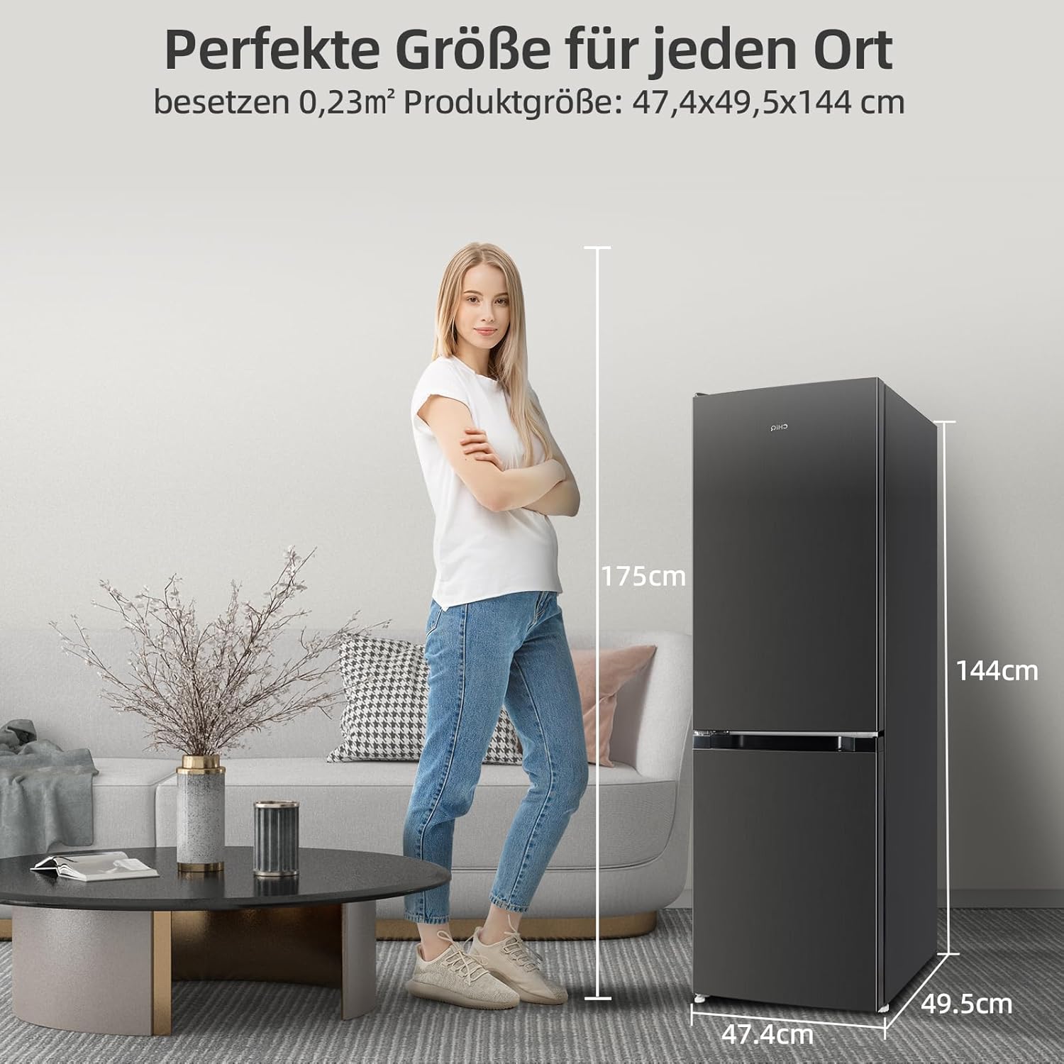 CHIQ CTT107BC Kühlschrank Klein 107 Liter, Höhe 84cm, Tiefe 55cm, Platzbedarf nur 0,3 ㎡, Mikro-Gefrierfach, Vario Box, 7 Temperaturregelstufen, geräuscharm, 87 kWh/Jahr, Schwarz