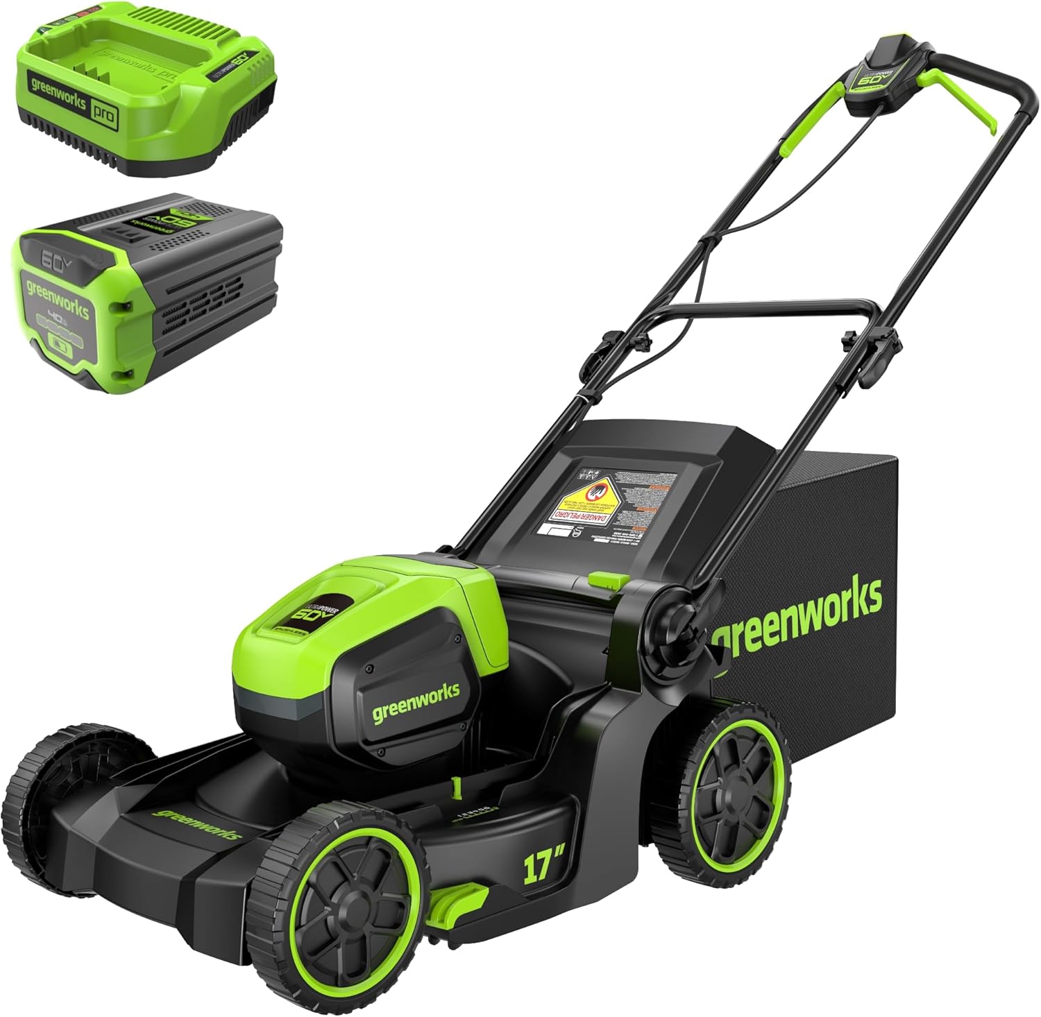 Greenworks 60V 17" Brushless Cordless Push Lawn Mower  2-in-1 Mulching/Bagging  4.0Ah Battery and 3A Charger(40min Runtime)
