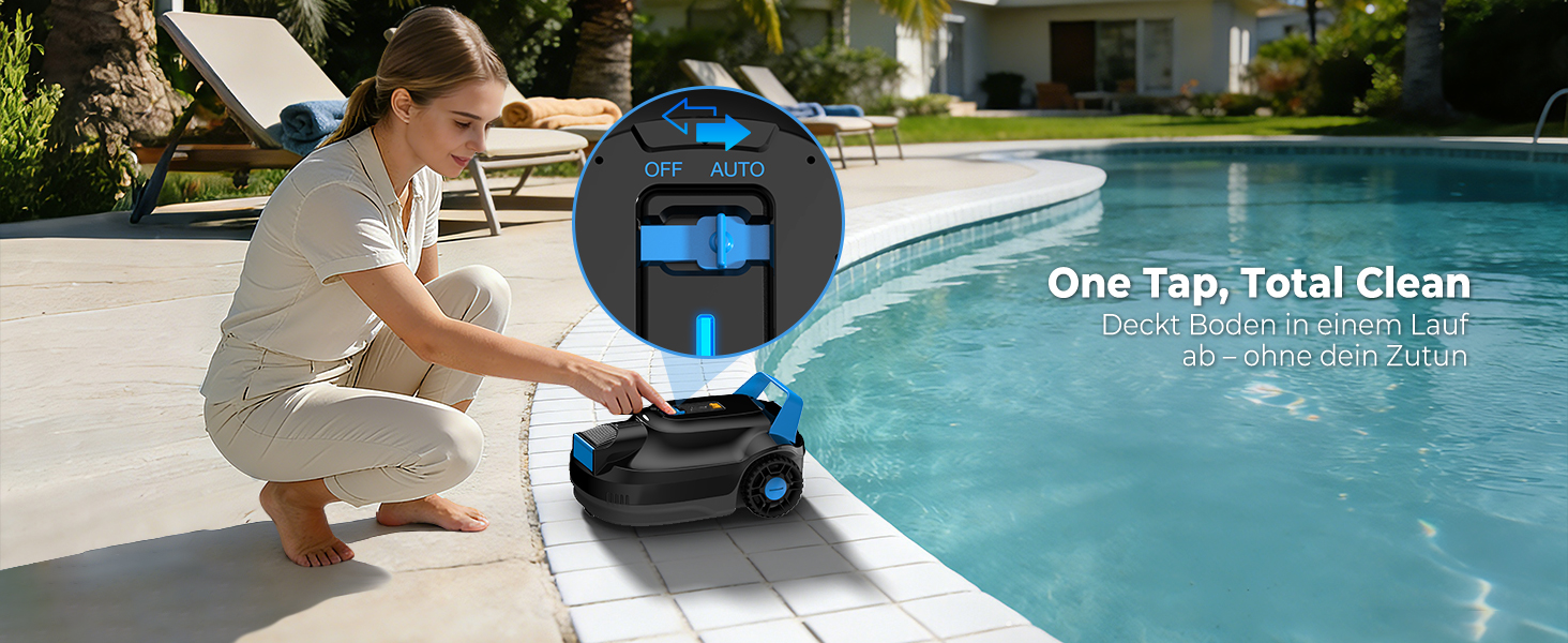 Der Text lautet „One Tap, Total Clean“. Poolreinigungsroboter in Aktion am Poolrand. Auf der Benutzeroberfläche wird der Reinigungsmodus angezeigt.