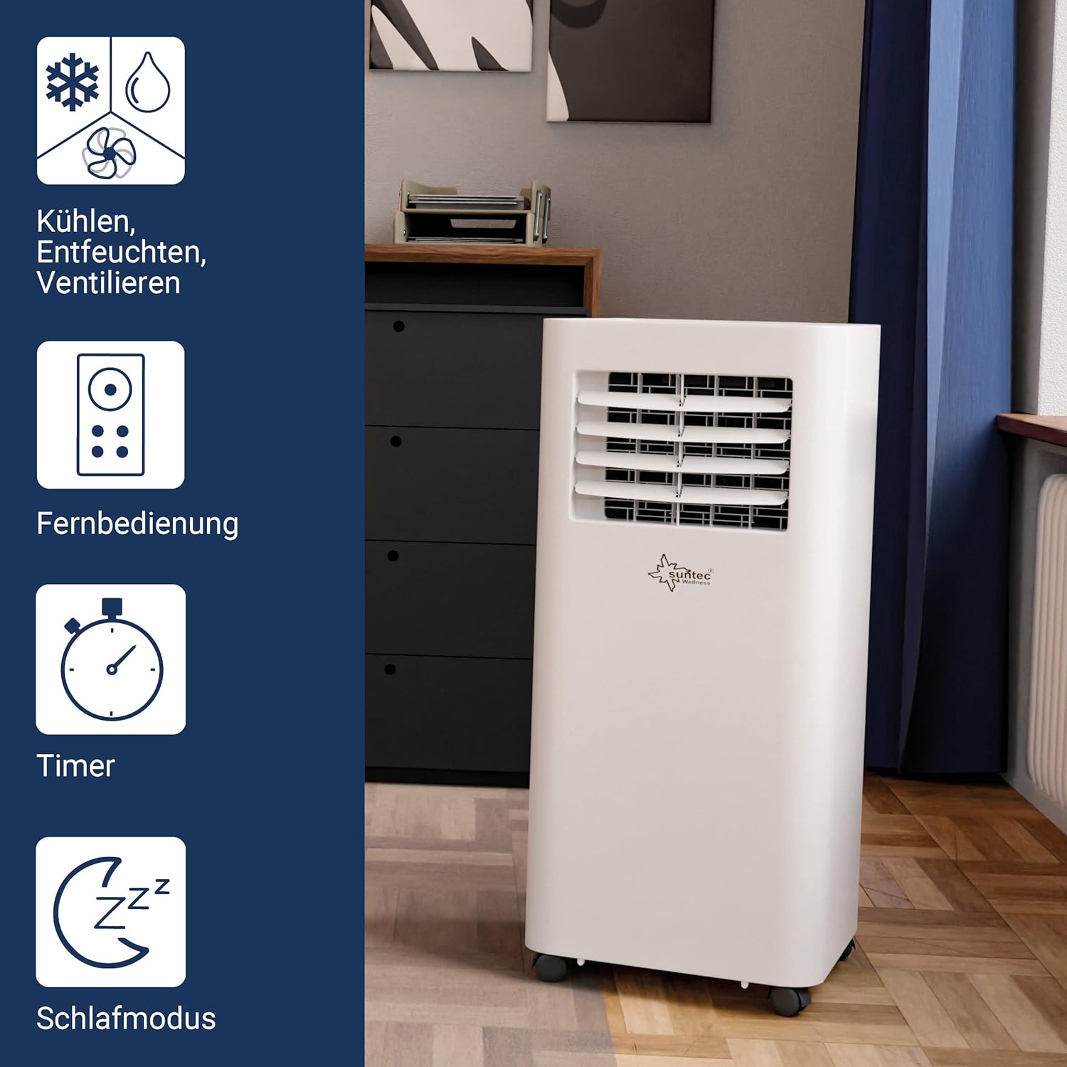 SUNTEC Mobiles Klimagerät Impuls 2.6 Eco R290 – Klimaanlage mobil und leise mit Abluftschlauch – Kühler & Entfeuchter für Räume bis 34 qm – Mobile Kühlung für Wohnung & Büro – 9.000 BTU | 2600 Watt