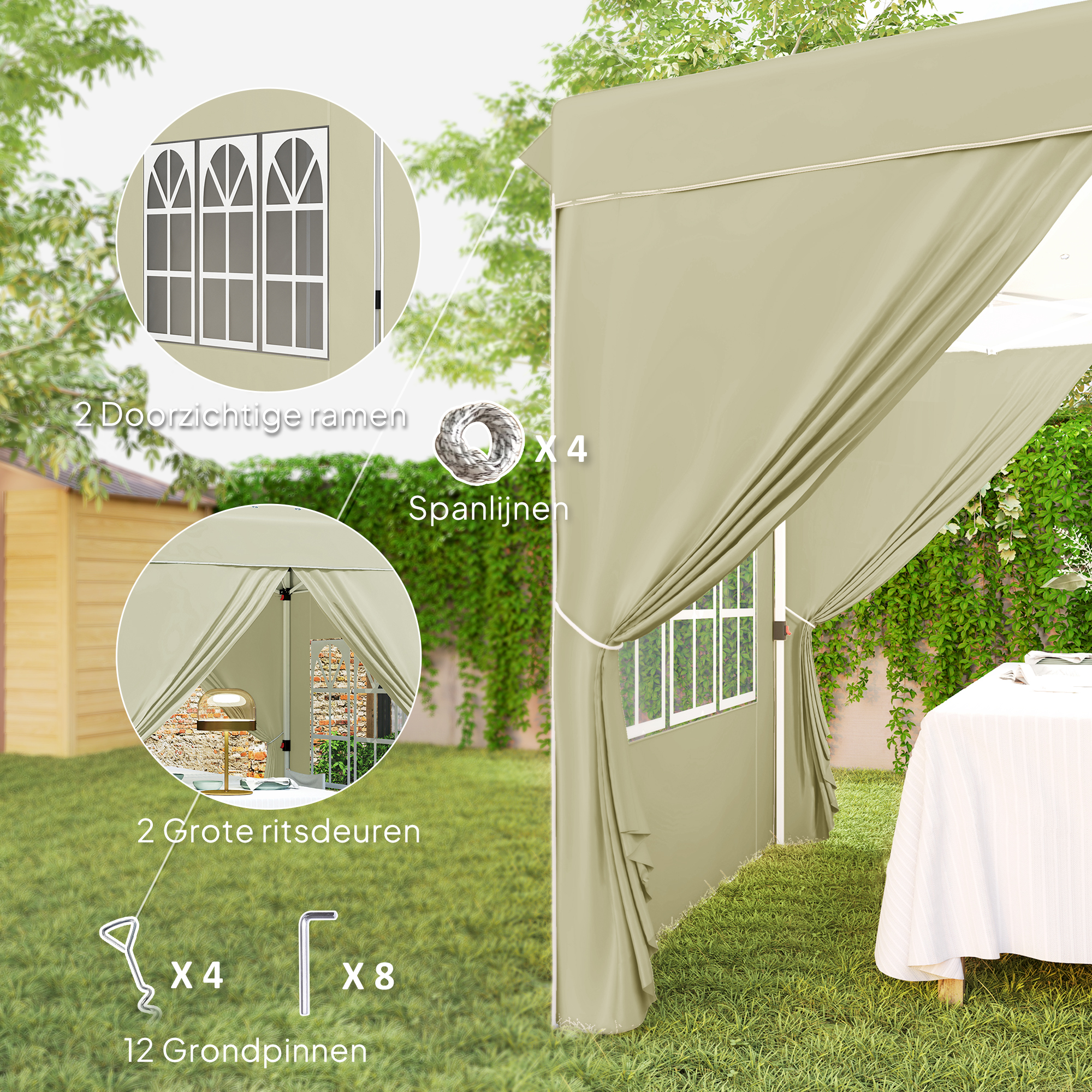 2,5 x 2,5 m Pop-up paviljoen met zijwanden en draagtas, UPF50+ in hoogte verstelbaar tuinpaviljoen, Cr��mewit