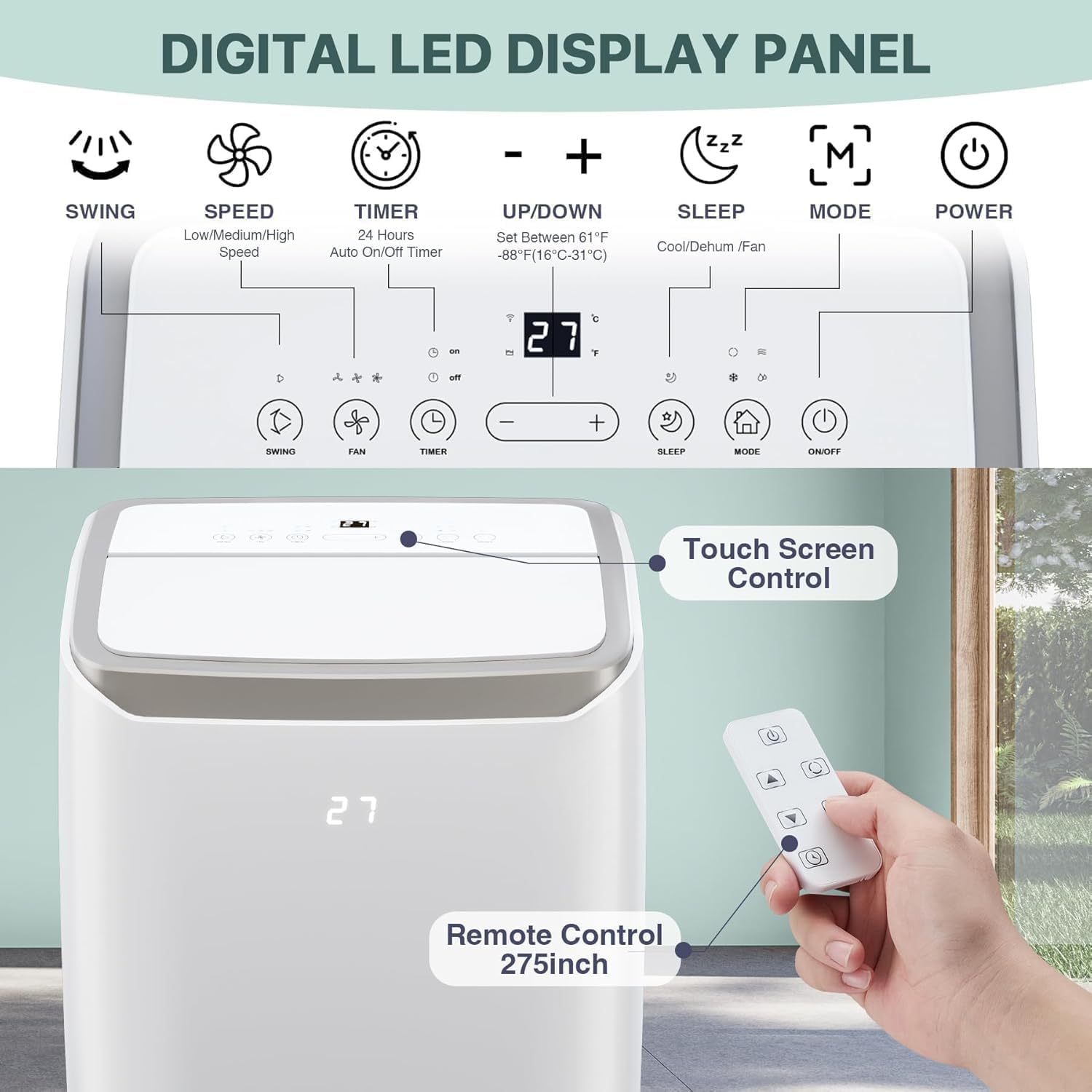 Tragbare Klimaanlagen, 12000 BTU Tragbarer AC für Räume bis zu 550 Sq.Ft, 3-in-1 AC mit schneller Kühlung, Luftentfeuchter & Drei-Geschwindigkeits-Lüfter, 24H Timer/Fernbedienung/Ultra Leise für