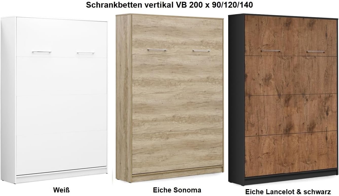 Schrankbett Wandbett Wandklappbett vertikal VB 140x200 mit Lattenrost und 2 Schränken weiß, Eiche Sonoma Lancelot schwarz Schlafzimmer Set neu (Weiß Hochglanz (Fronten))