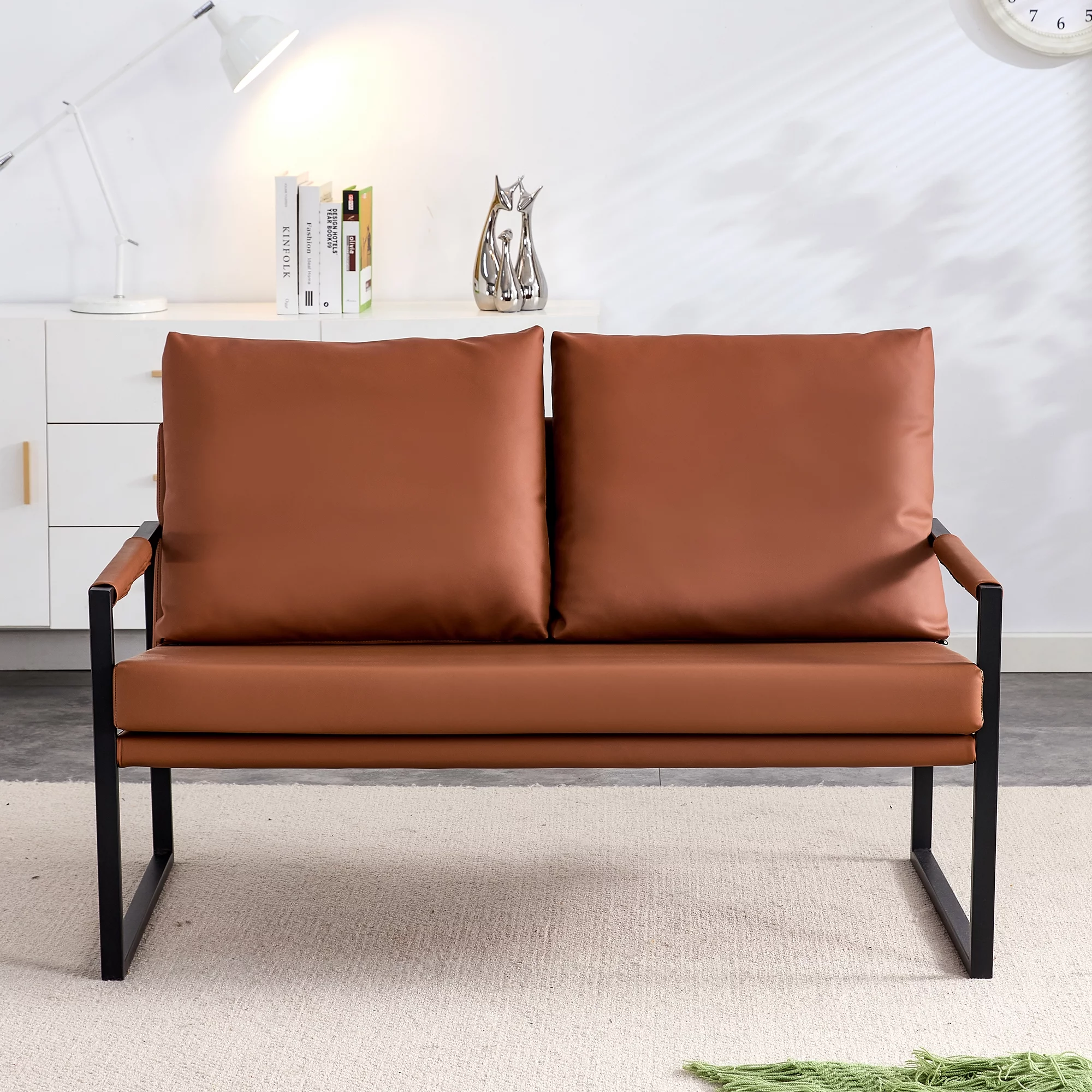 Wasait Moderne Tweezitsfauteuil met 2 Kussens �C PU-leer, Dicht Schuim, Zwart Gecoat Metalen Frame, Bruin SF-D008