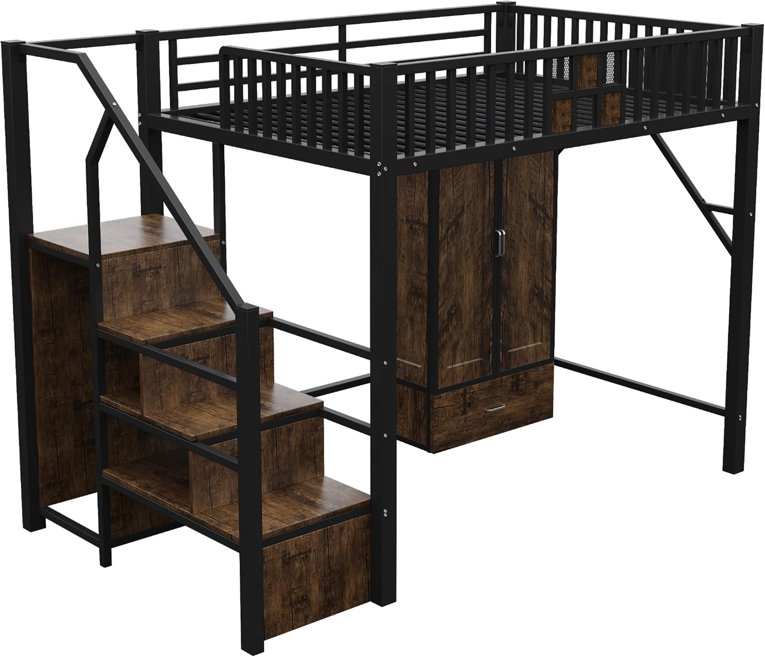 Merax Hochbett aus Metall, 140 x 200 cm, mit Drahtgitter, integriertem Schrank, Schubladen und Aufbewahrungsleiter, platzsparendes Kinderbett, modern und robust, schwarz (ohne Matratze)