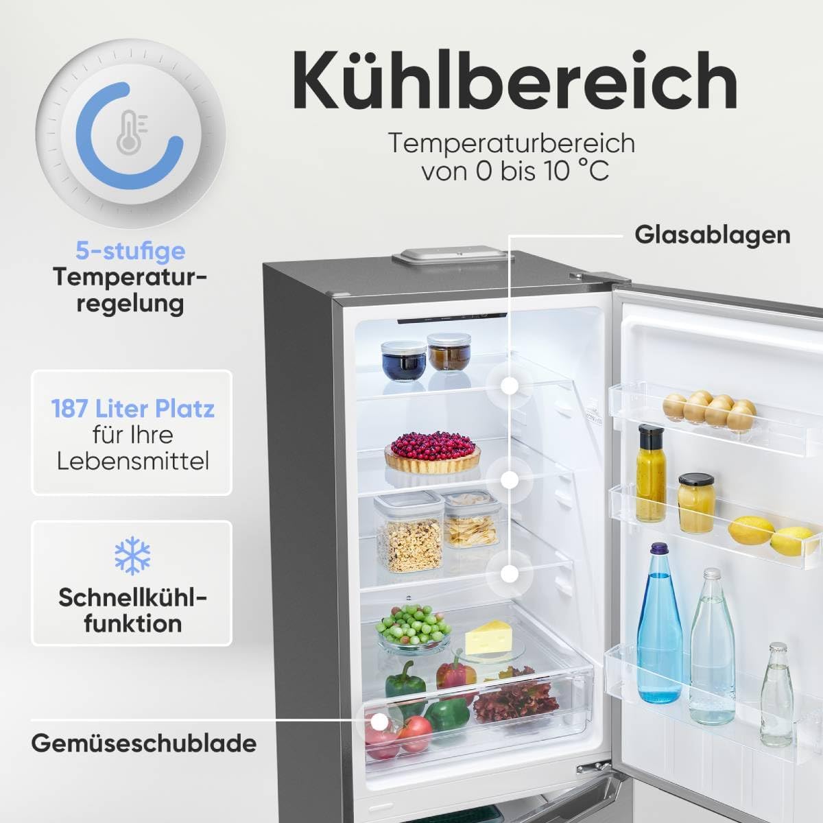 Bomann® Kühlschrank mit Gefrierfach | Energieklasse C | 176cm | LowFrost | 5 Jahre Kompressor-Garantie | Kühl Gefrierkombination leise | Türanschlag wechselbar | Kühlgefrierkombi | KG 7369 silber
