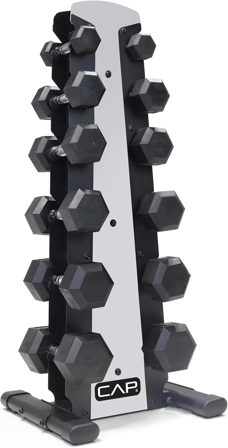 CAP Barbell Rubber Coated Dumbbell Weight Set with Vertical Rack | 100 lb, 150 lb, and 210 lb Options